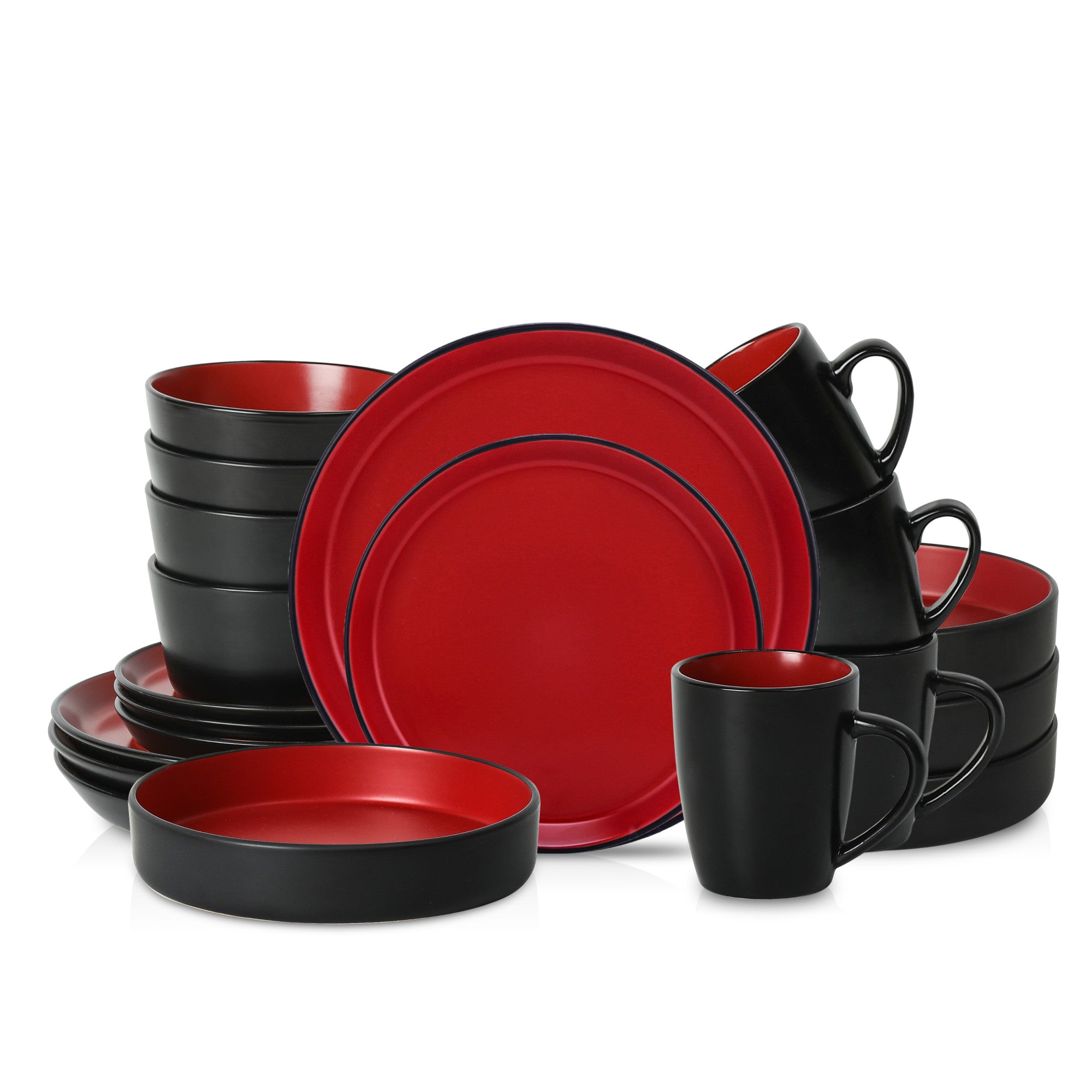 Premium Albie Stoneware Dinnerware Set - 16-Piece Red & Black Ceramic Plates, Bowls & Pasta Dishes | Elegant Tableware for Italian Dining, Family Meals & Entertaining Guests