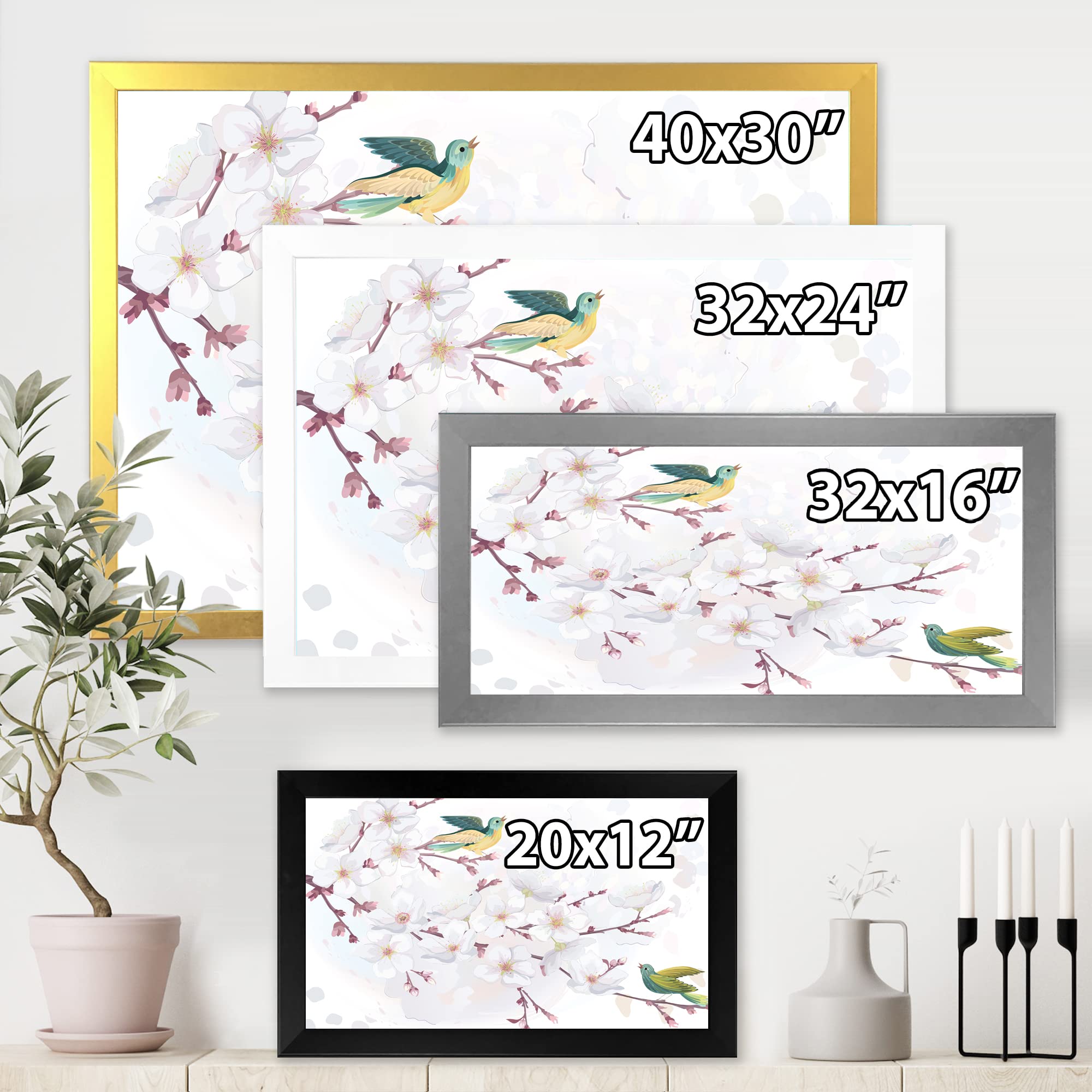 DesignQ Blossoming Cherry Tree Traditional Framed Wall Art - Elegant Home Decor for Living Room, Bedroom & Office