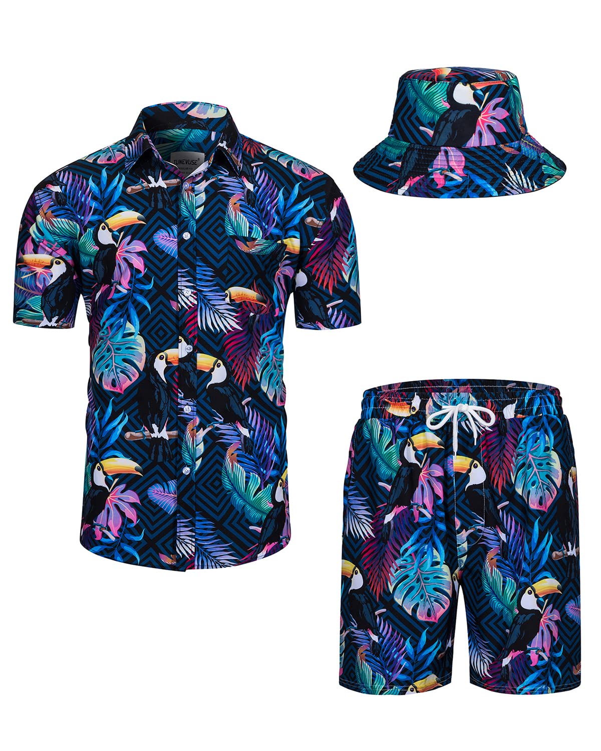**TUNEVUSE Men's Hawaiian Shirt and Shorts Set - 2 Piece Tropical Beach Outfit with Floral Print & Bucket Hat for Summer Vacation, Luau Party, and Casual Wear**