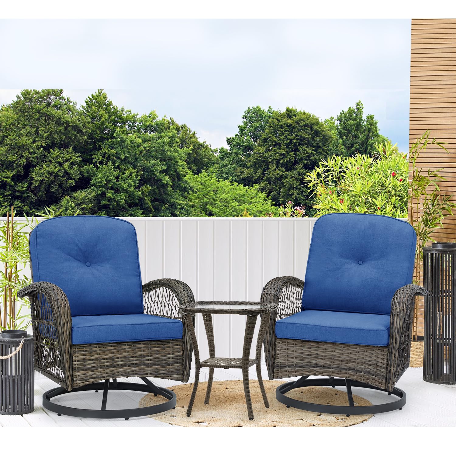 EROMMY 3-Piece Outdoor Swivel Rocking Chair Set with 360° Rotation, Thickened Cushions & Glass Coffee Table - Navy Blue Patio Furniture for Backyard, Garden, Poolside or Deck Relaxation