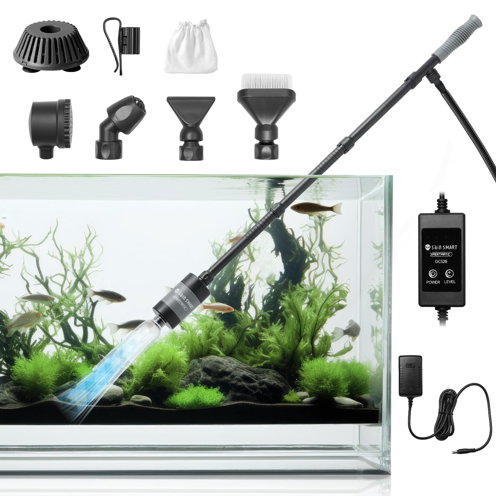 SainSmart XpertMatic 528GPH Electric Aquarium Gravel Cleaner - 28W Powerful Fish Tank Vacuum with Adjustable Water Flow for Sand Washing & Water Changing - Ideal for Freshwater & Saltwater Tanks up to 100 Gallons