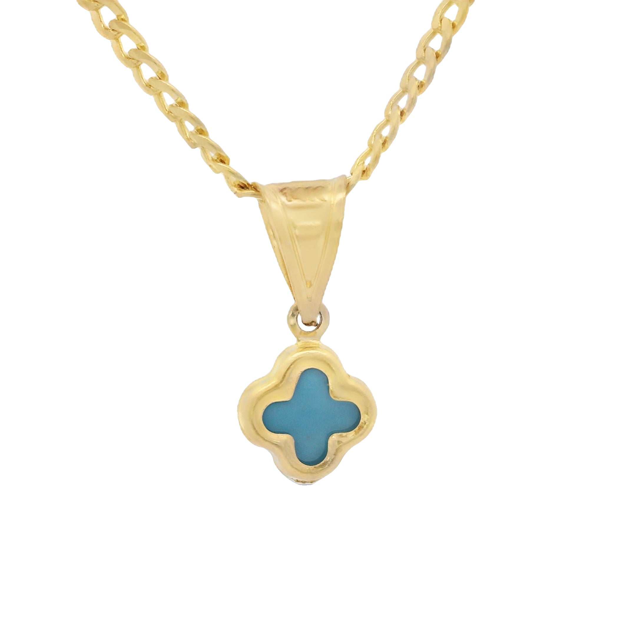 14K Solid Gold Light Blue Clover Pendant with Cuban Link Chain Necklace (16 Inches) - Elegant Jewelry Gift for Women, Perfect for St. Patrick's Day, Birthday & Everyday Wear