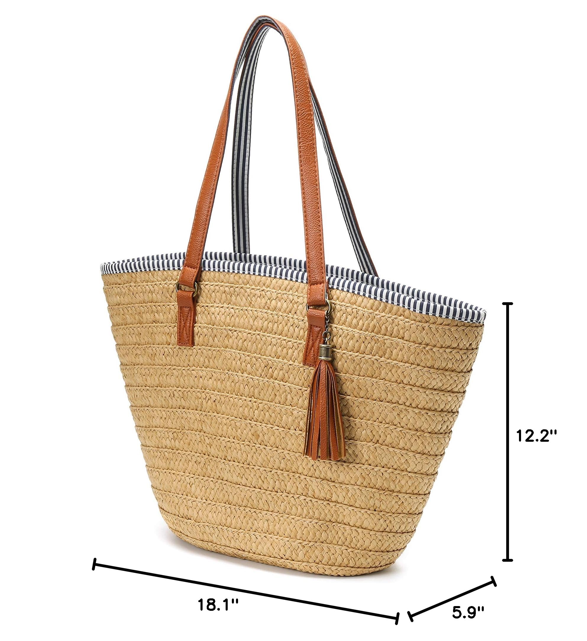 Epsion Straw Beach Tote Bag with Tassels & Pom Poms - Handwoven Boho Shoulder Purse for Women | Summer Vacation, Pool Party, Picnic & Outdoor Activities