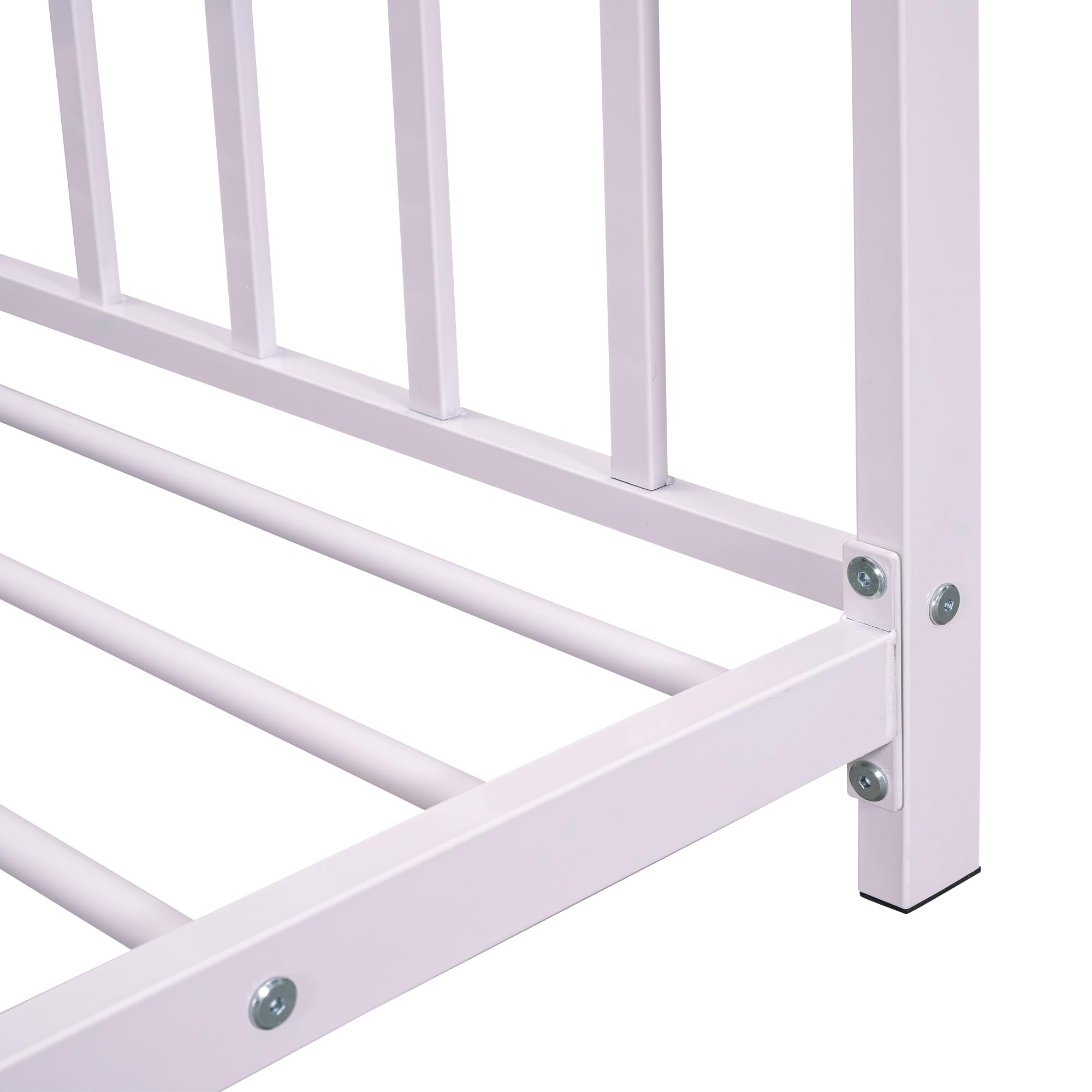 Montessori Twin Size Floor Bed for Kids - Sturdy Metal Frame with High Headboard & Roof - Pink House Bed for Boys & Girls - Perfect for Bedroom, Playroom & Montessori Learning Spaces