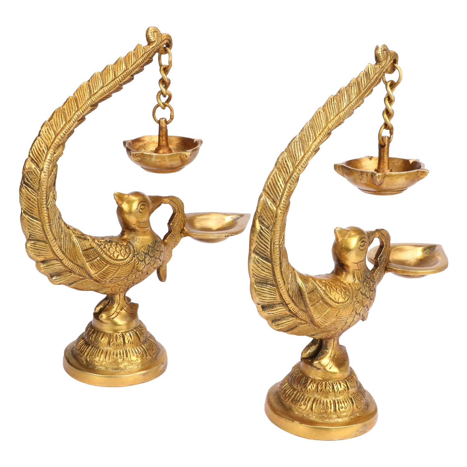 AmiLuv Collections Brass Peacock Bird Design Diya Pair Stand Holder - Gold Traditional Indian Candle Holders (2 Pieces) - Perfect for Diwali, Wedding Decor, Pooja Rituals & Home Decoration