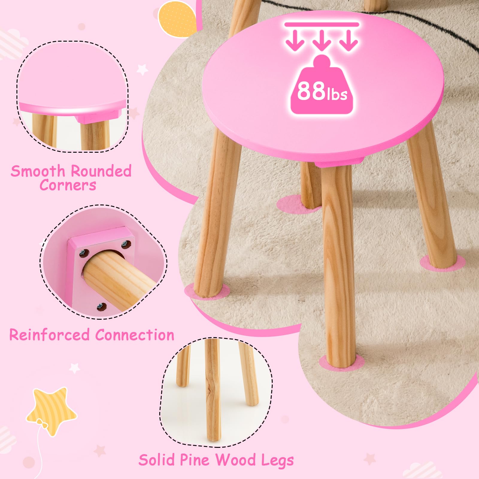 Olakids 2-in-1 Wooden Princess Vanity Set with Mirror & Storage - Kids Makeup Table & Chair, Toddler Dressing Desk Toy for Girls - Perfect for Pretend Play, Birthday Gifts & Bedroom Decor (Pink)