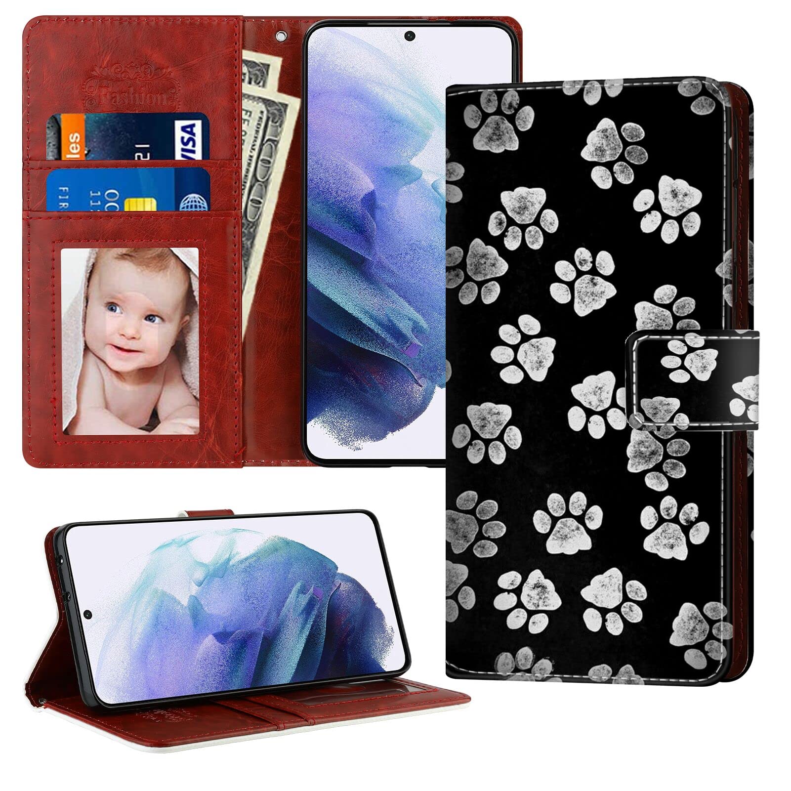 Samsung Galaxy S21 Plus Wallet Case - PU Leather & TPU Protective Cover with Magnetic Flip Folio, Card Holder and Dog Paw Print Design - Perfect for Pet Lovers & Daily Commute