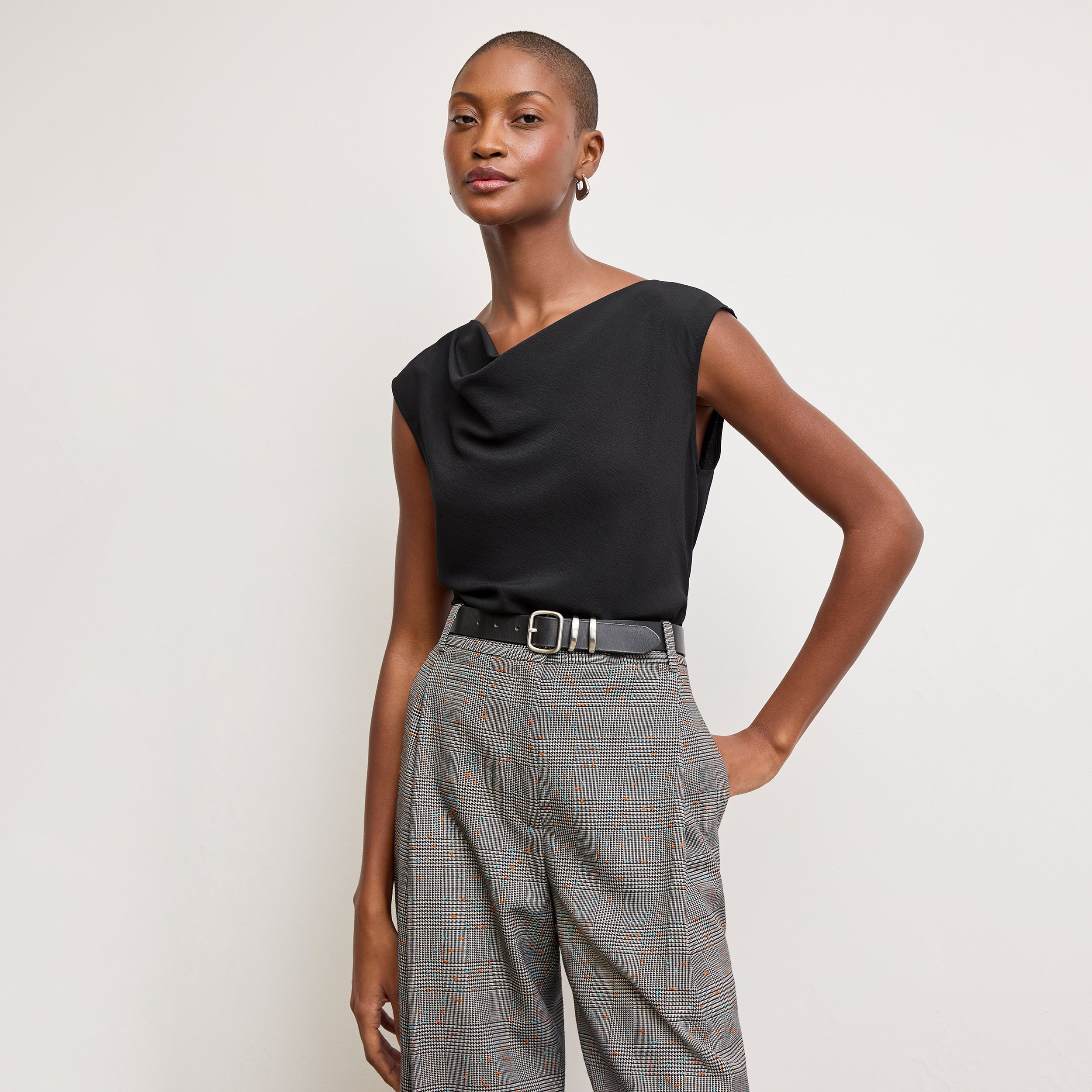 Rina Sculptural Pants - Sharkskin Mixed Check High Waist Trousers for Women | Perfect for Office, Casual Wear & Night Out