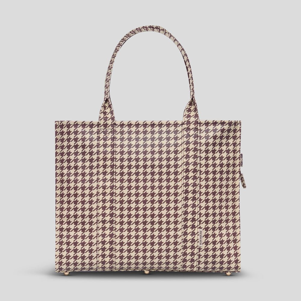 Large Bon Vivant Structured Tote Bag in Chocolate Houndstooth Print - Perfect for Work, Travel & Everyday Use