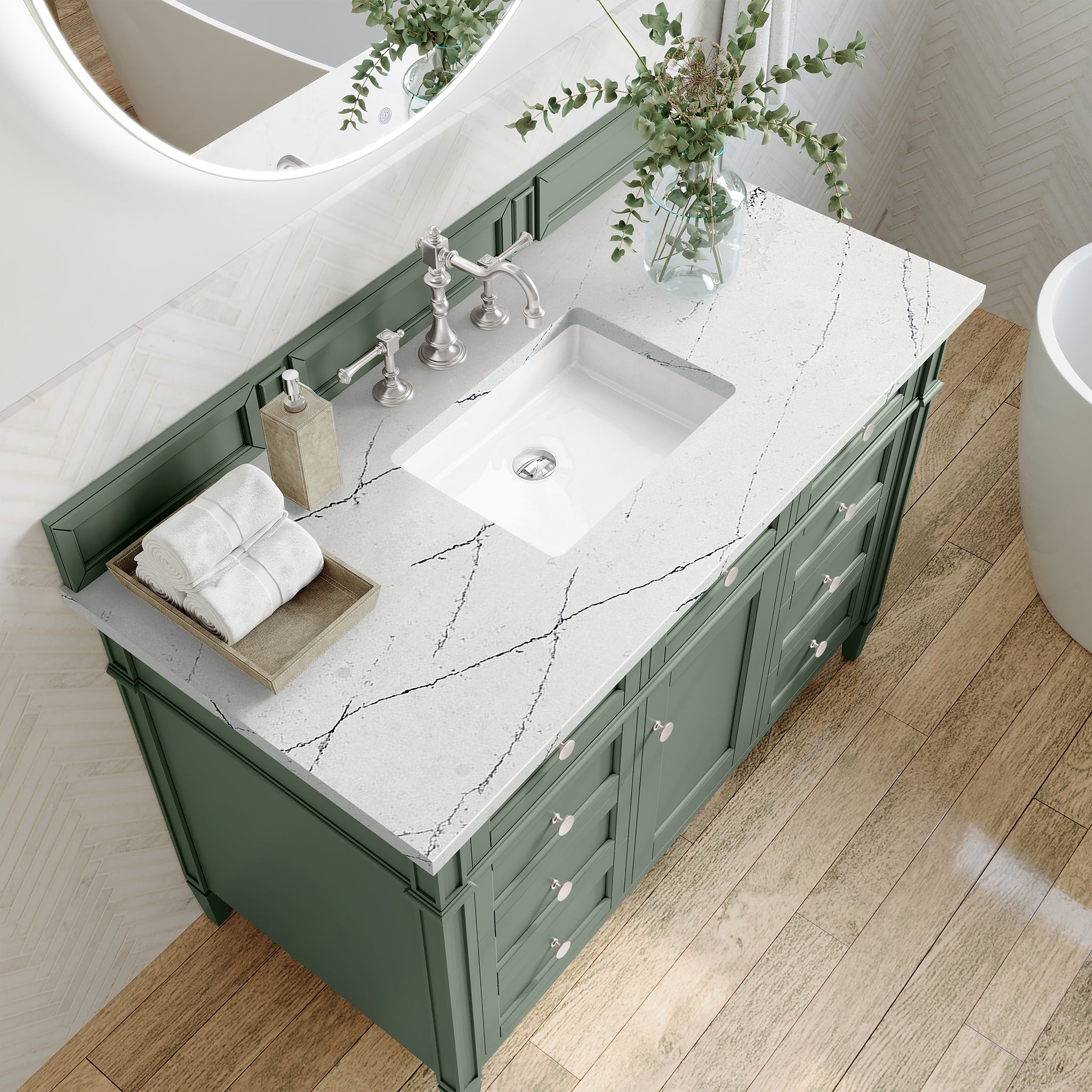 Brittany 48 Inch Single Bathroom Vanity with Smokey Celadon Finish & 3CM Ethereal Noctis Quartz Top - Perfect for Modern Master Bathrooms & Powder Rooms
