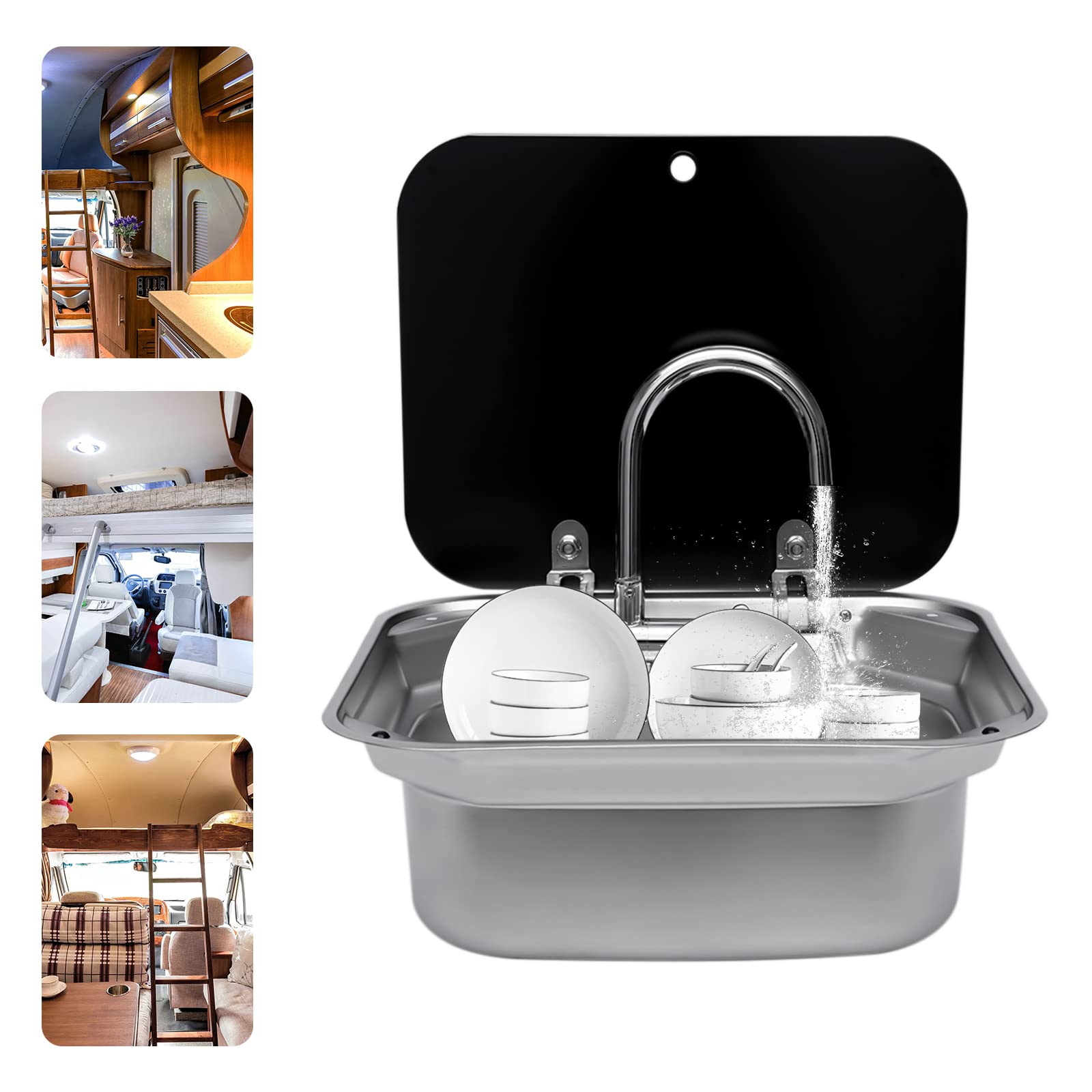 **Stainless Steel RV Sink with Foldable Faucet & Tempered Glass Lid - Compact Hand Wash Basin for Caravan, Boat, Camper Kitchen Accessories | Perfect for Outdoor Cooking & Mobile Living**