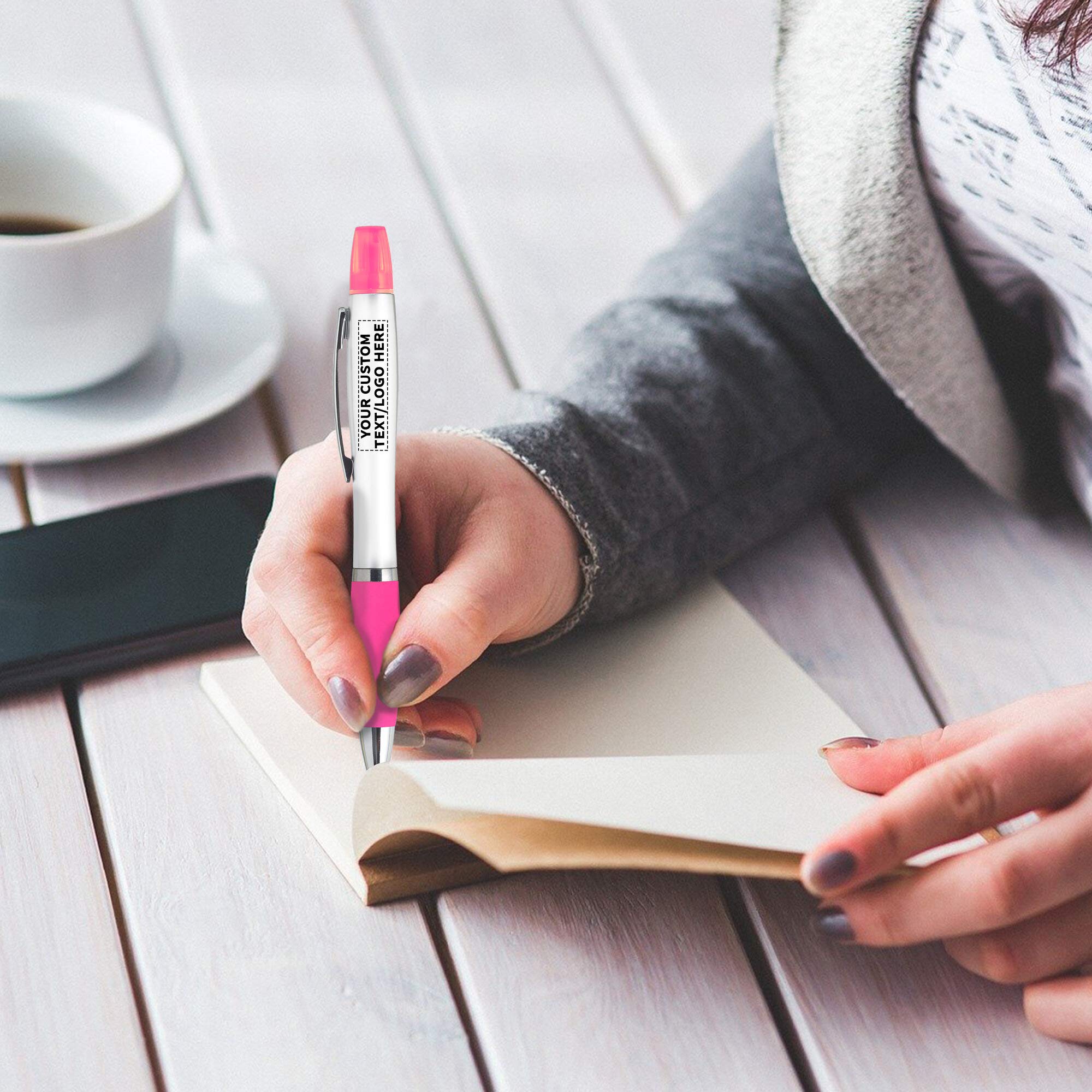 Custom Personalized Plastic Highlighter Pens - 100 Pack Bulk Set with Custom Text & Logo - Pink Office School Supplies for Teachers, Students, Note Taking & Study Sessions