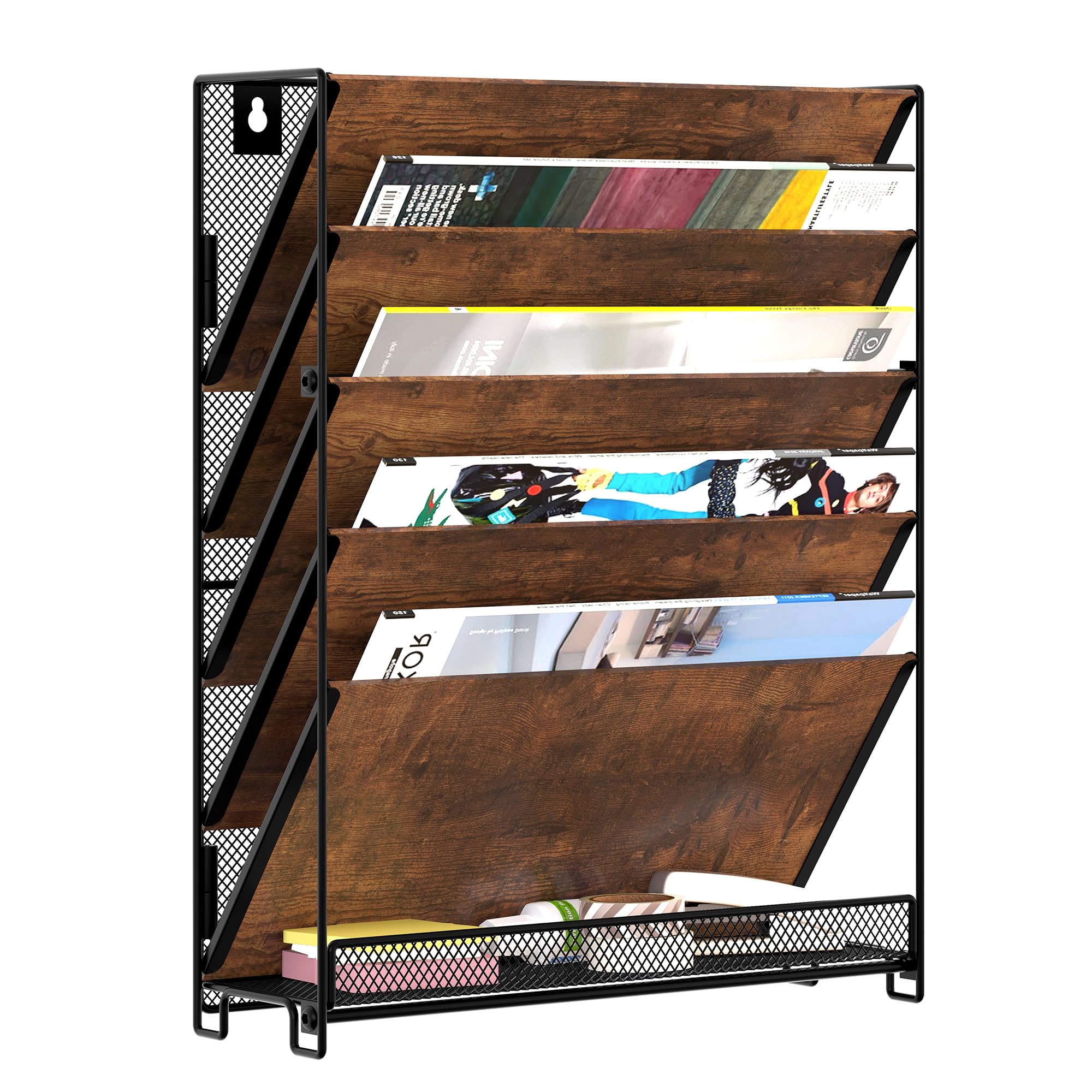 6-Tier Mesh Hanging File Organizer - Wall Mount Magazine & Document Holder with Wood Trays for Office & Home - Perfect for Mail Sorting, Paper Storage & Wall Organization (Brown)