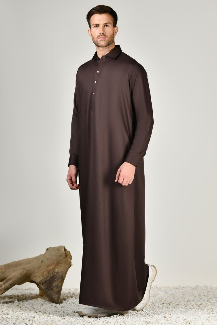 Premium Blended Dark Brown Jubba by J. Junaid Jamshed - Elegant Islamic Abaya for Men - Perfect for Eid, Friday Prayers & Special Occasions