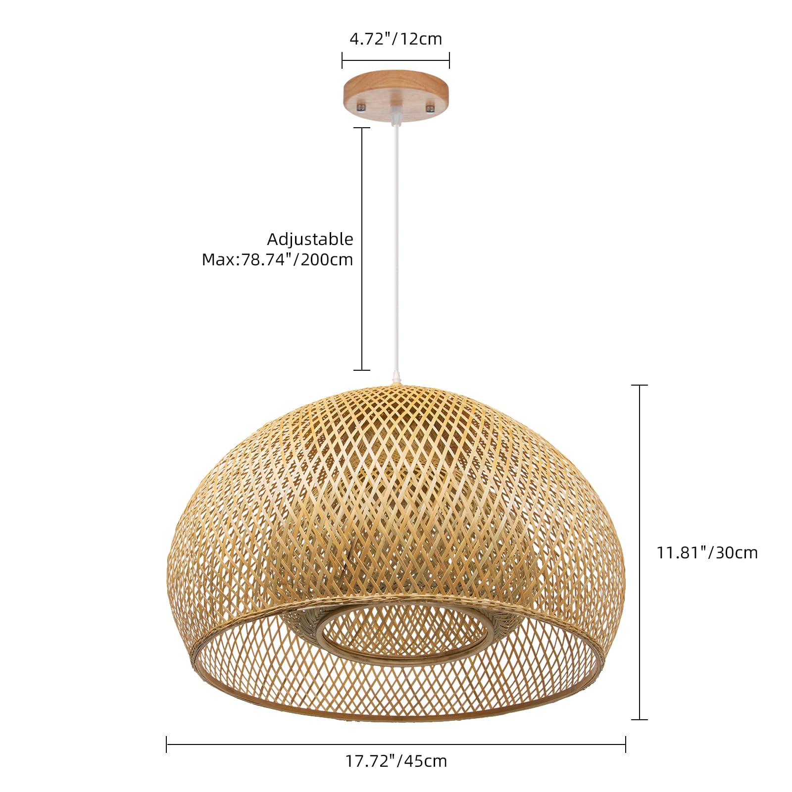 Handwoven Bamboo Pendant Light Fixture - Natural Wood Chandelier with Wicker Lampshade, 17.7x11.8 Inch Hanging Lamp for Bedroom, Living Room & Dining Room Decor - Perfect for Boho, Farmhouse and Coastal Style Interiors