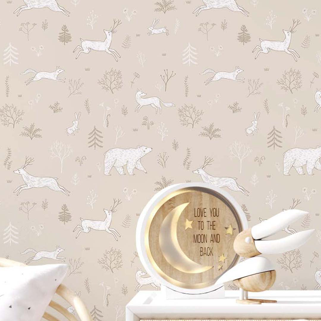 Beige White Forest Animals Wallpaper S037 - Nature-Inspired Peel and Stick Wallpaper for Nursery, Kids Room & Home Decor