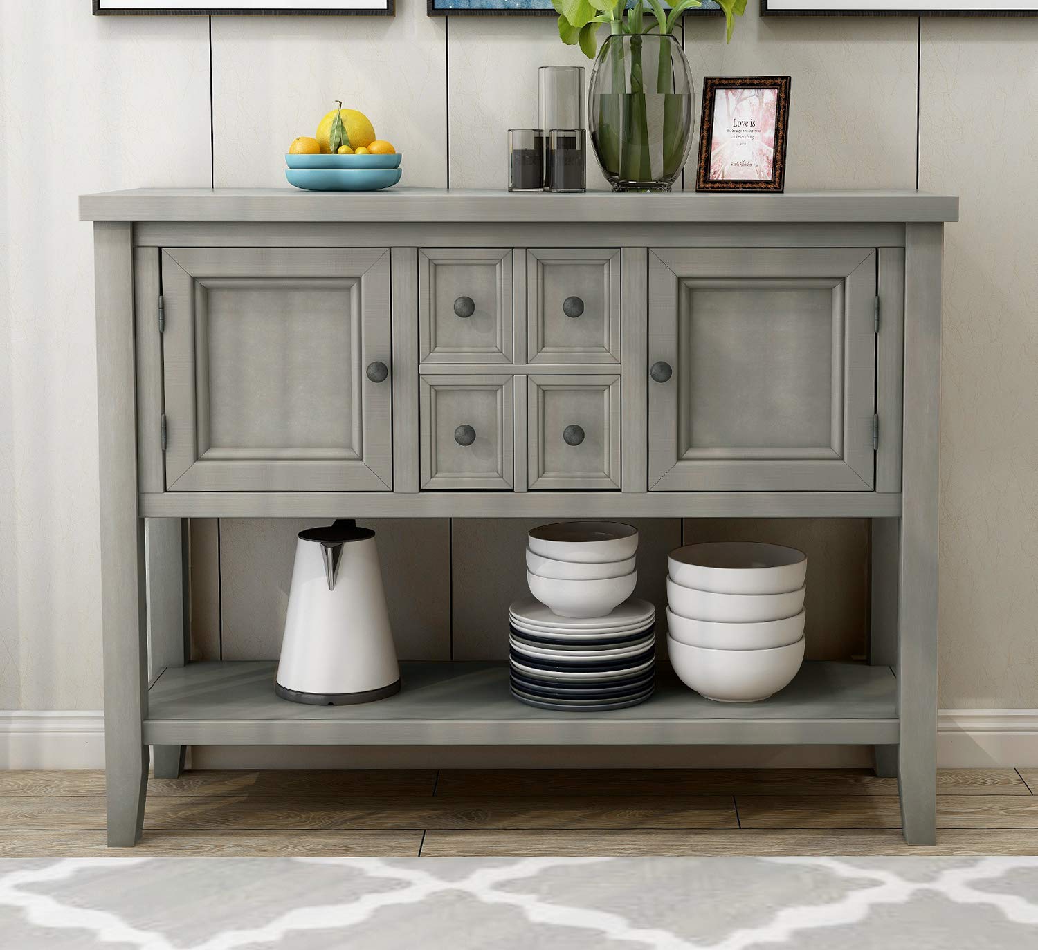 Solid Wood Console Table with Storage - Entryway Buffet Sideboard with 4 Drawers, 2 Cabinets & Bottom Shelf - Antique Gray Rectangular Living Room Table for Hallway, Dining Room & Home Decor