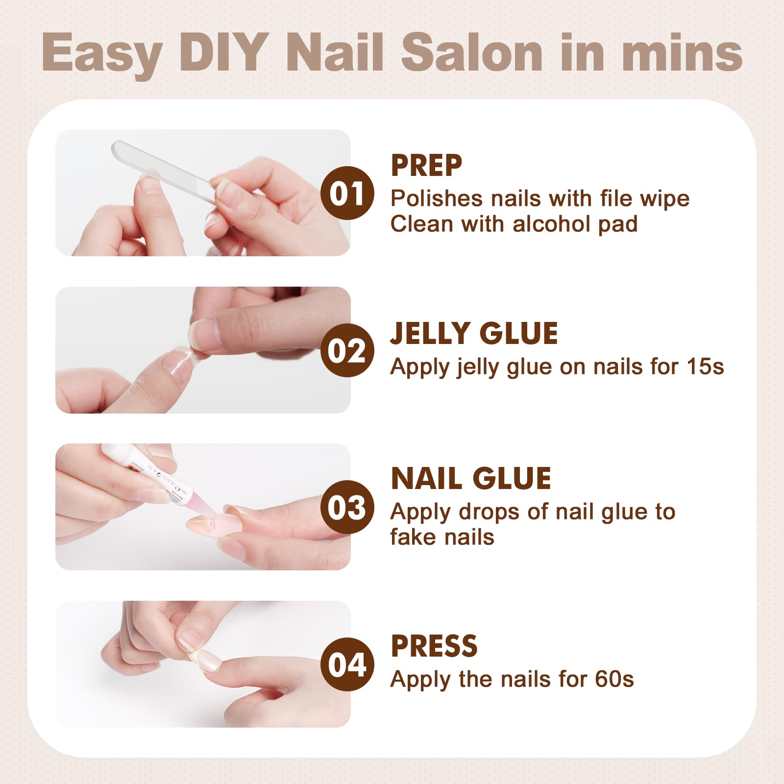 Long Coffin Press On Nails - Semi-Transparent Pink Blush Fake Nails with Glue & Jellied Gel, Reusable 24-Piece Kit (12 Sizes) for Women | Perfect for Parties, Weddings, and Everyday Glam