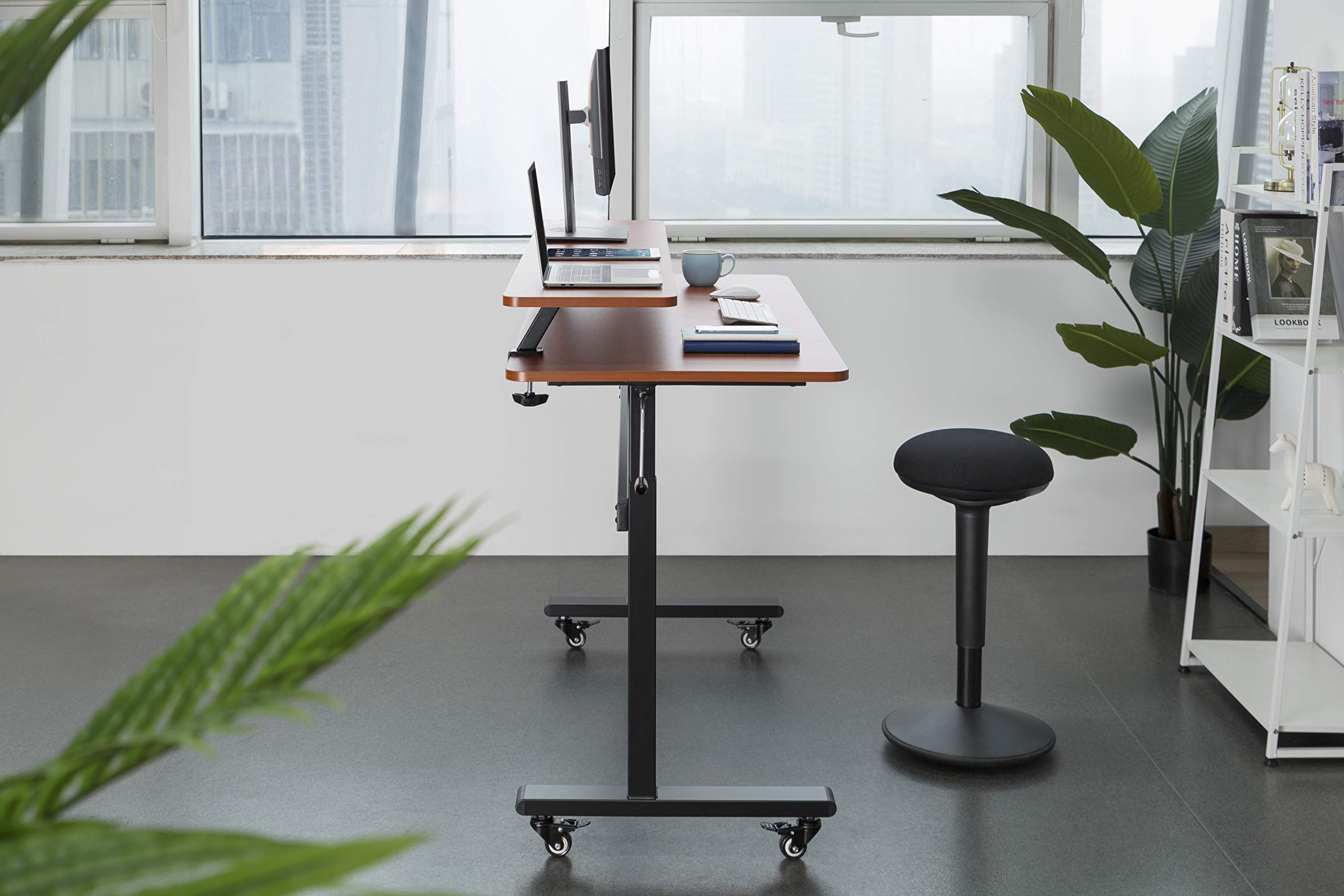 55 Inch Clamp On Monitor Stand with Shelf - Heavy Duty Ergonomic Desk Riser for 3 Monitors, Extra Storage Space - No Screw Installation, Cherry Finish - Perfect for Home Office & Gaming Setup