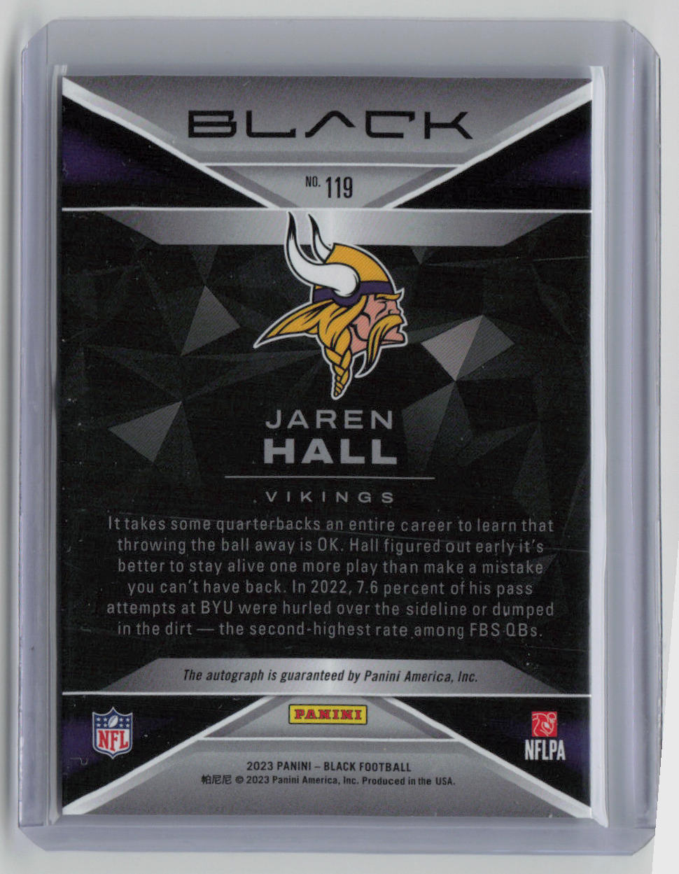 2023 Panini Black Jaren Hall Rookie Auto Football Card 47/50 #119 - Perfect for NFL Collectors & Fantasy Football Fans
