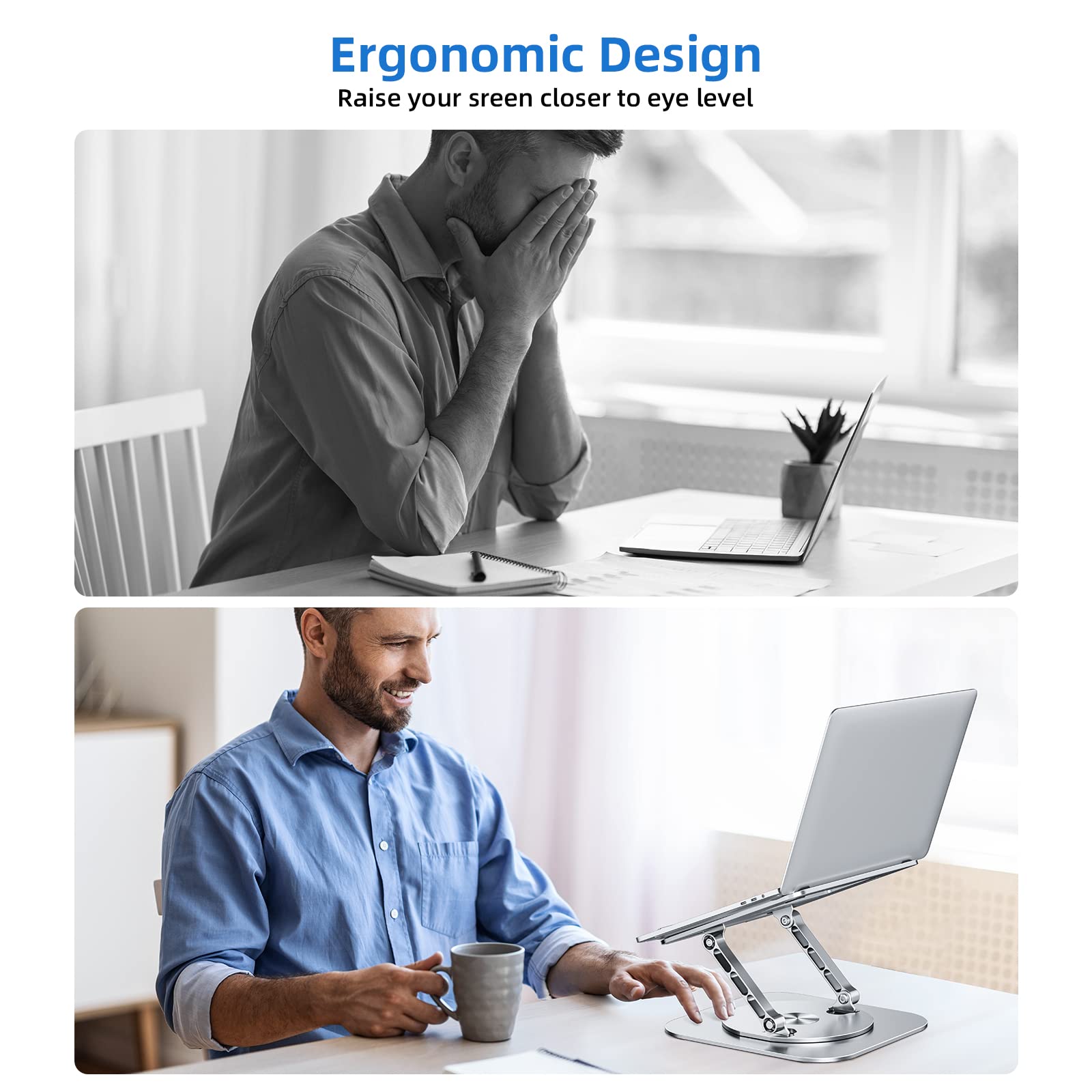 Ergonomic Adjustable Laptop Stand for Desk - 360° Rotating Base & Foldable Design, Compatible with MacBook Air/Pro, Dell XPS & 10-17 Inch Laptops (Silver) | Perfect for Home Office, Gaming & Workspace Setup