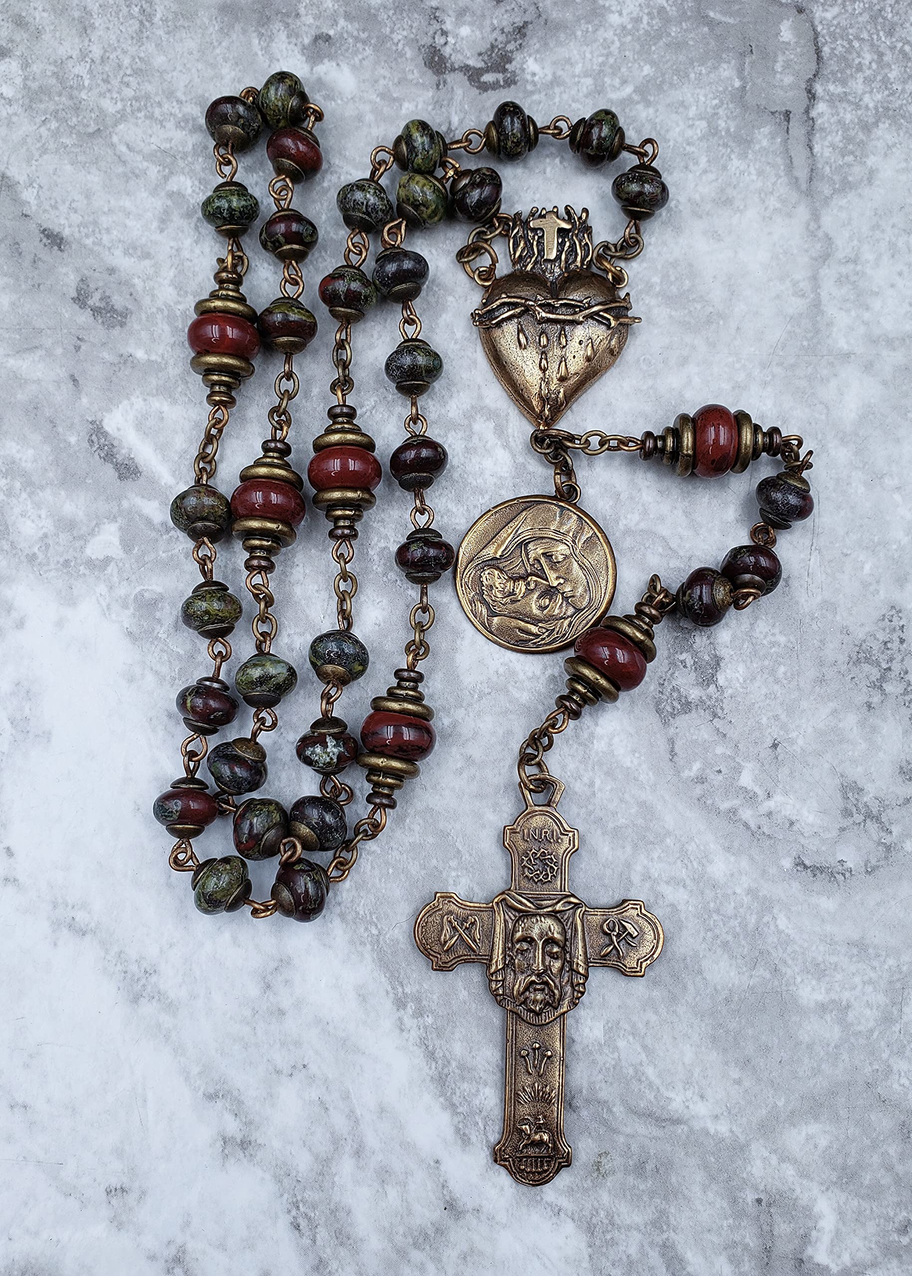 Holy Face of Jesus Devotional Sacred Bleeding Heart Chaplet - Bronze & Bloodstone Red Jasper Rosary for Protection, Stress Relief - Perfect for Prayer, Meditation & Spiritual Healing