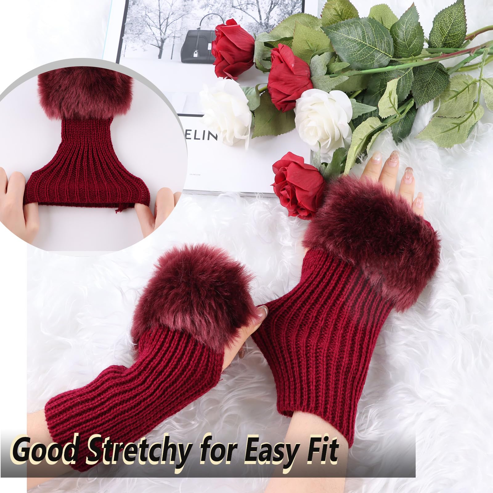 Winter Fingerless Gloves for Women - Knitted Arm Warmers with Thumb Hole & Faux Fur Wrist Cuff | Cozy Hand Mittens for Outdoor Activities, Office Work, and Cold Weather Fashion