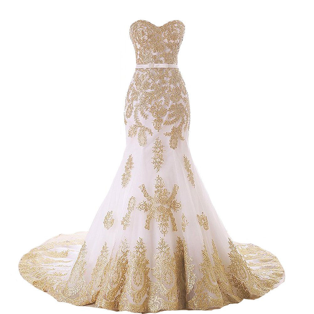 Lemai Mermaid Long Tulle Gold Lace Corset Sweetheart Wedding Dress with Sash - Elegant Bridal Gown for Beach, Church & Formal Weddings