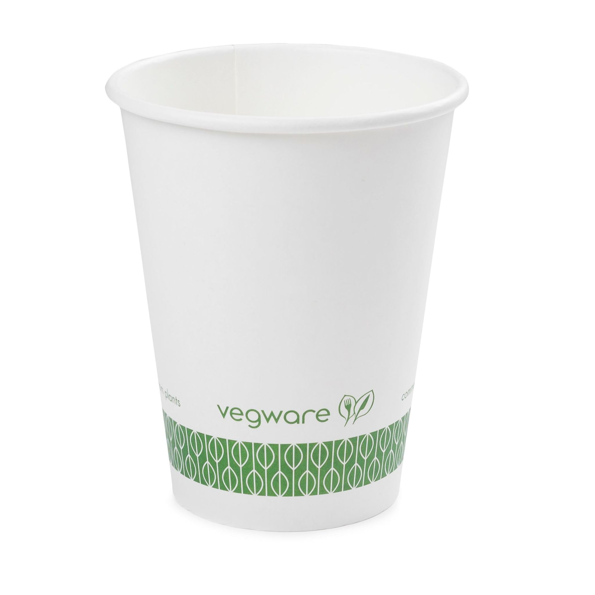 Eco-Friendly 12oz White Hot Cups by Vegware | Compostable Green & White Disposable Coffee Cups for Home, Office, and Cafes