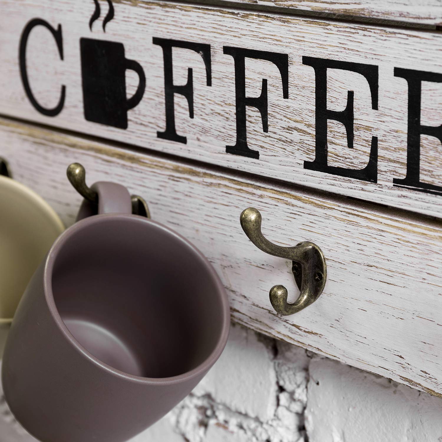 MyGift 8-Hook Wall Mounted Mug Rack - Whitewashed Solid Wood Coffee Bar Organizer with 