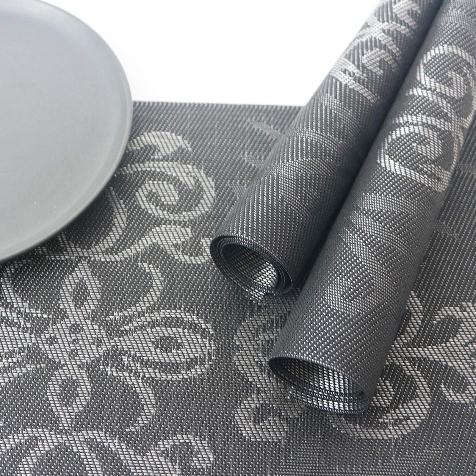 JASHII Set of 6 Rectangle Royal PVC Table Placemats - Woven Vinyl Waterproof Dining Mats for Kitchen & Restaurant (Black) | Elegant Table Setting for Dinner Parties & Daily Meals
