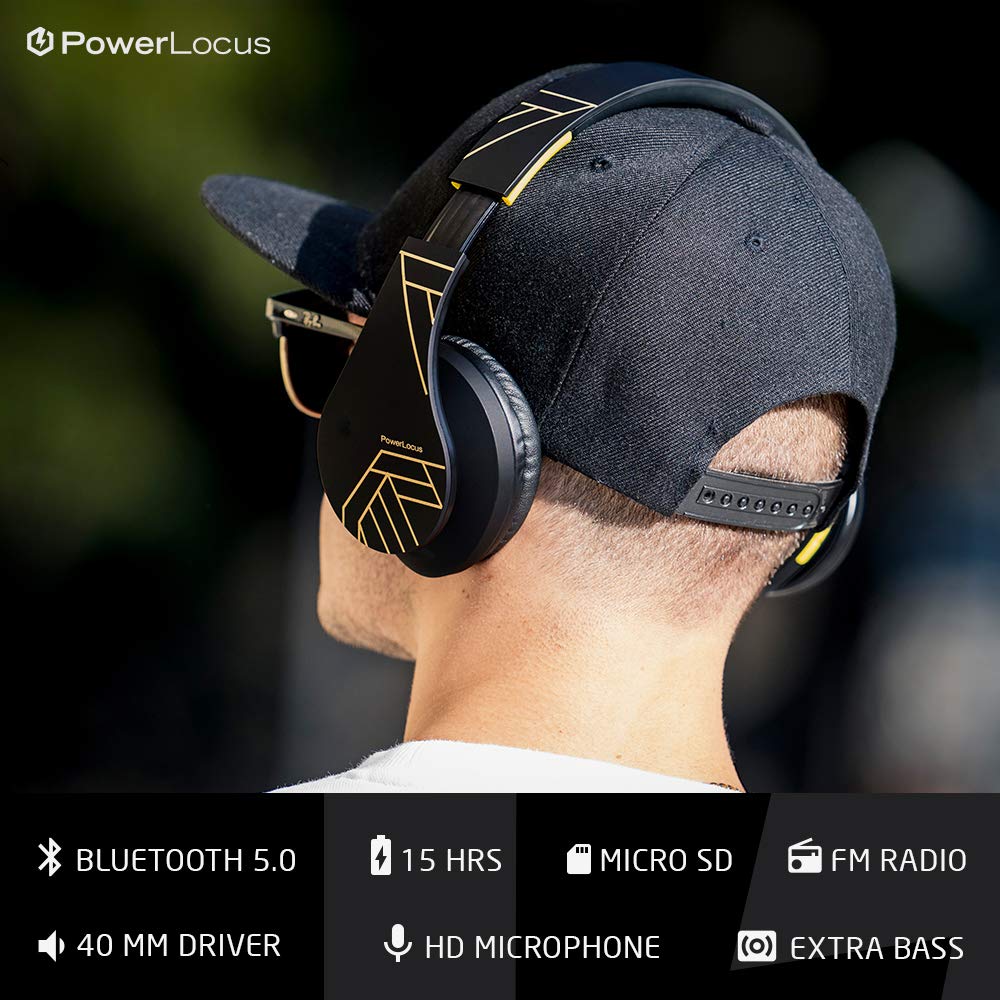 PowerLocus Bluetooth Over-Ear Headphones - Wireless & Wired Stereo Headset with Built-in Mic, Foldable Design, Micro SD/TF & FM Radio - Compatible with iPhone, Samsung, iPad, PC (Black/Yellow) - Perfect for Travel, Workouts & Home Entertainment