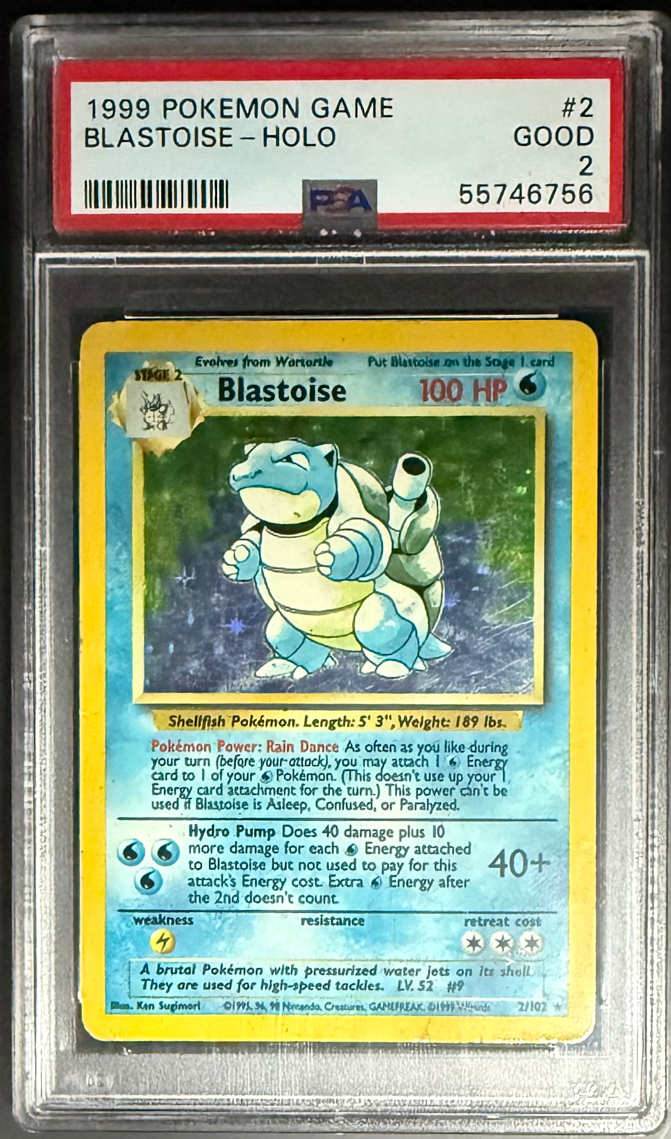 1999 Pokemon Base Set Blastoise 2/102 Holo PSA 2 Graded Card - Rare Collectible for Pokemon TCG Players & Vintage Gaming Enthusiasts | Perfect for Display, Trading, and Investment