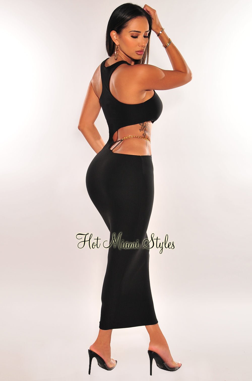 Elegant Black Sleeveless Gold Chain Cut Out Midi Dress for Women - Perfect for Evening Parties, Date Nights & Special Occasions