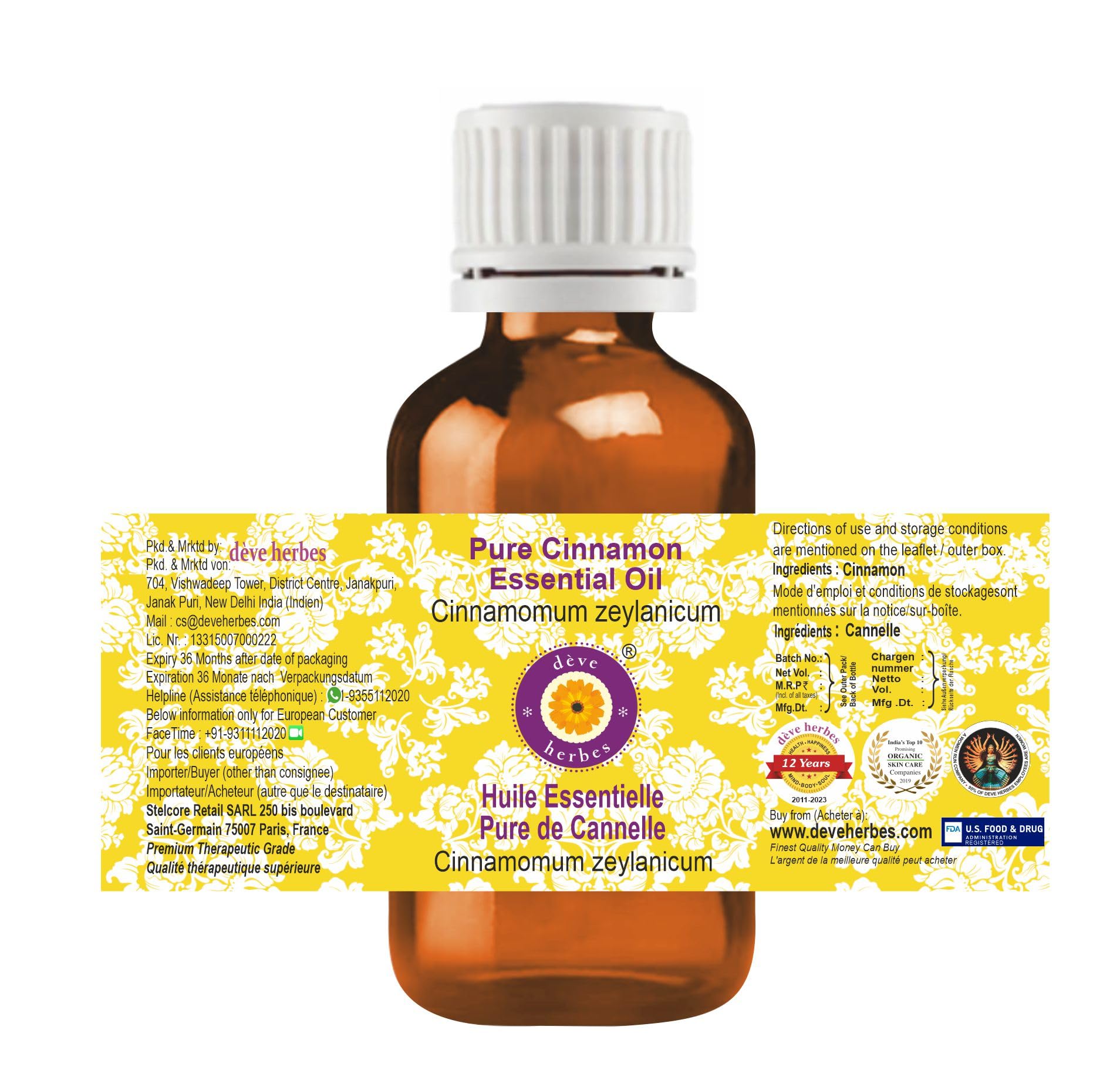 Deve Herbes Pure Cinnamon Essential Oil (Cinnamomum zeylanicum) - 5ml Steam Distilled for Aromatherapy, Diffusers & DIY Skincare | 100% Natural Therapeutic Grade Essential Oil
