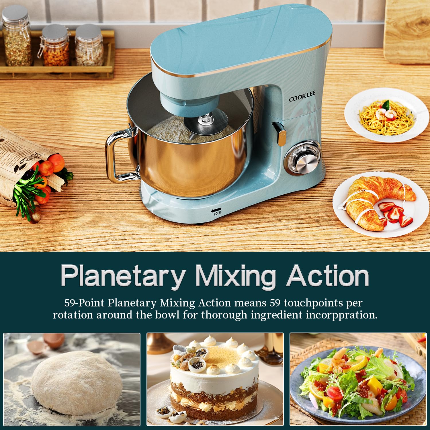 COOKLEE 9.5 Qt 660W 10-Speed Stand Mixer with Dough Hook, Flat Beater & Wire Whip - Dishwasher Safe Attachments - Perfect for Baking Cakes, Cookies, Bread & Dough - Home Kitchen Mixing Machine (Blue)