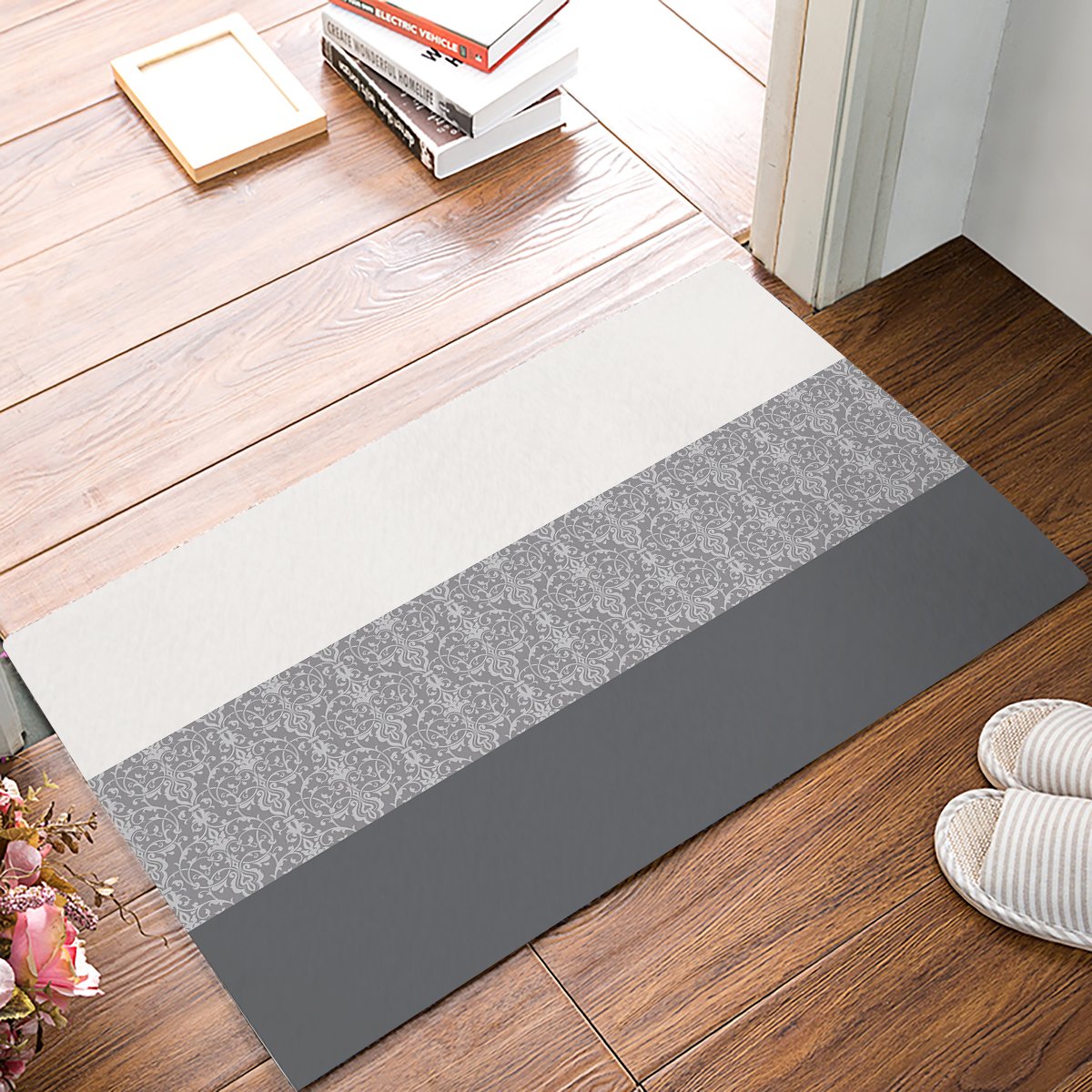 Non-Slip Welcome Doormat - Chateau Striped Floral Damask Design Indoor/Outdoor Entrance Rug for Home Decor | Perfect for Front Door, Bathroom & High Traffic Areas
