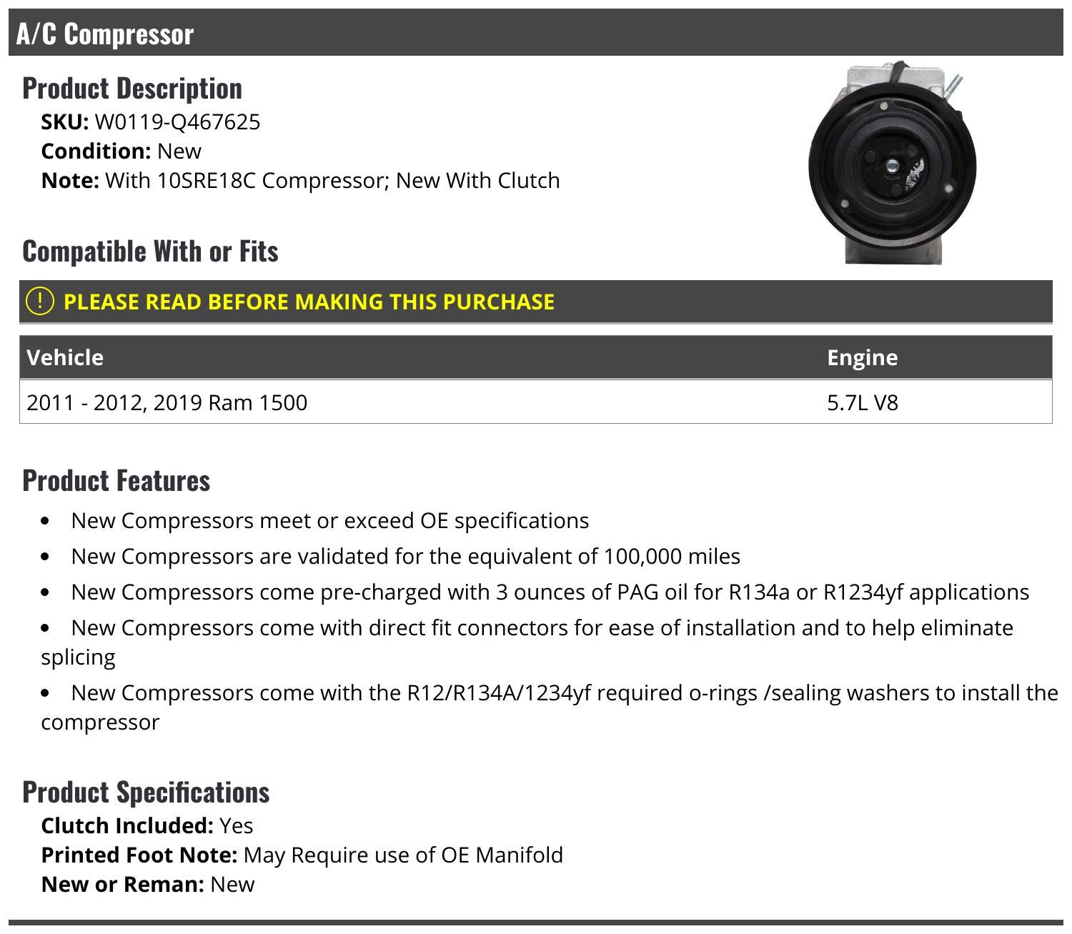 High-Performance A/C Compressor with Clutch - Compatible with 2011-2012 & 2019 Ram 1500 5.7L V8 - Perfect for Summer Cooling & HVAC System Repair