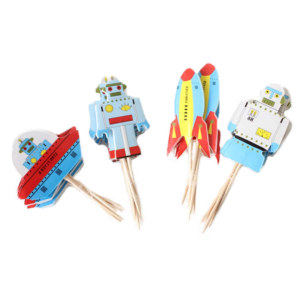 Flairs New York Happy Birthday Cupcake Toppers - 24-Pack Spaceship & Robot Party Decorations for Birthday Cakes, Cupcakes, and Desserts | Perfect for Kids Birthday Parties, Baby Showers, and Special Celebrations