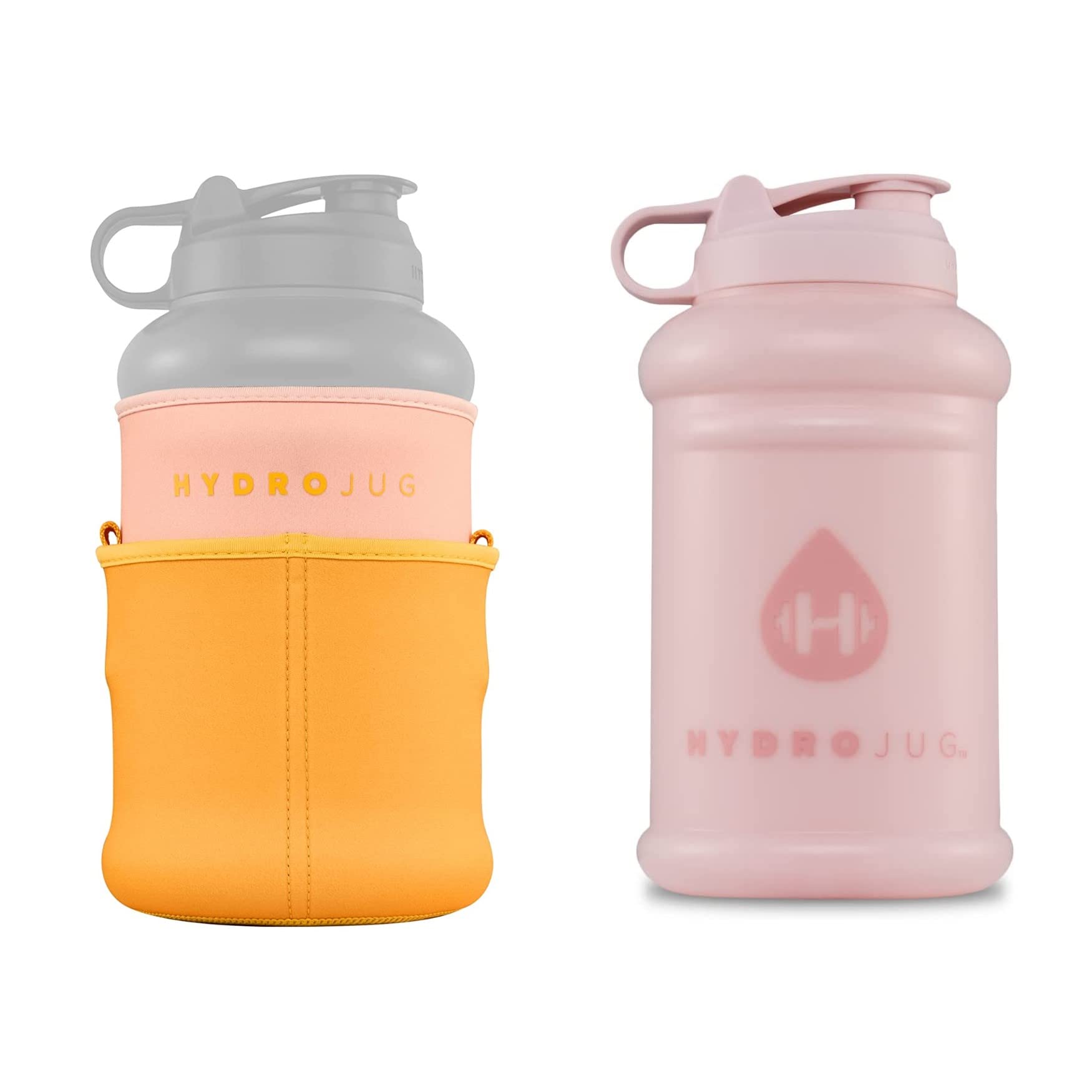 HydroJug 64oz Half Gallon Water Bottle with Handle - BPA Free, Reusable & Durable - Includes Premium Neoprene Insulating Sleeve & Removable Shoulder Strap (Pink Sand + Blush & Mustard) - Perfect for Gym, Hiking, Workouts & Outdoor Activities