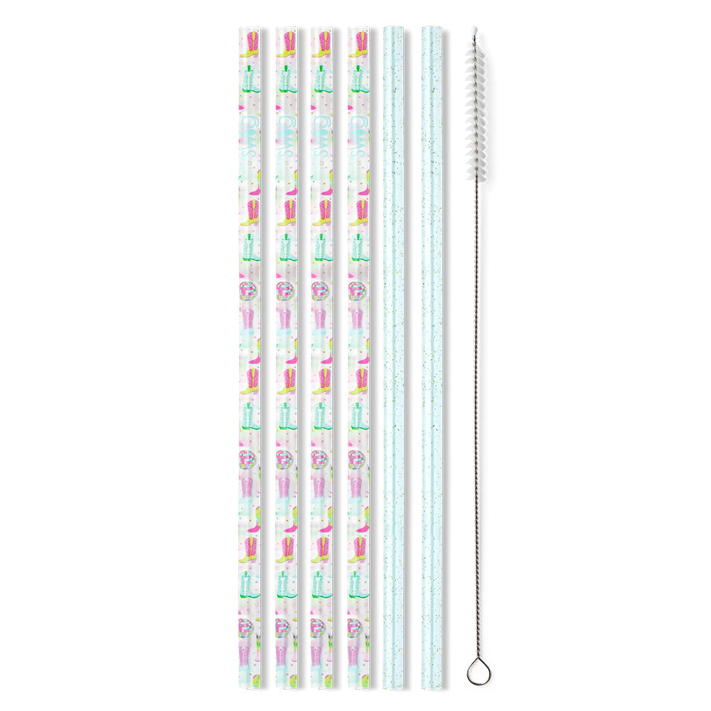 Disco Cowgirl & Aqua Glitter Reusable Straw Set - 12 Pack Eco-Friendly Metal Drinking Straws with Cleaning Brush for Parties, Home, Bars & Travel