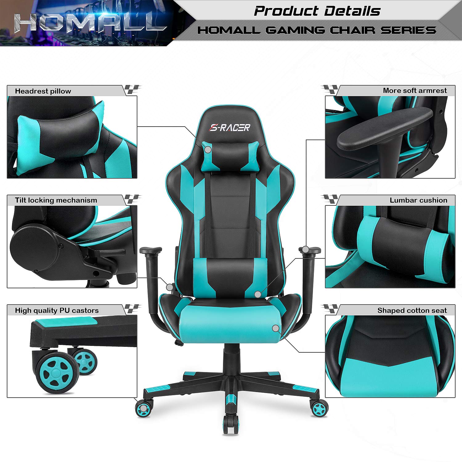 Homall Ergonomic Gaming Chair - High Back Office Chair with Adjustable Headrest & Lumbar Support, Leather Computer Desk Chair for Racing, Executive & Home Use (Cyan) - Perfect for Gaming, Working & Relaxing