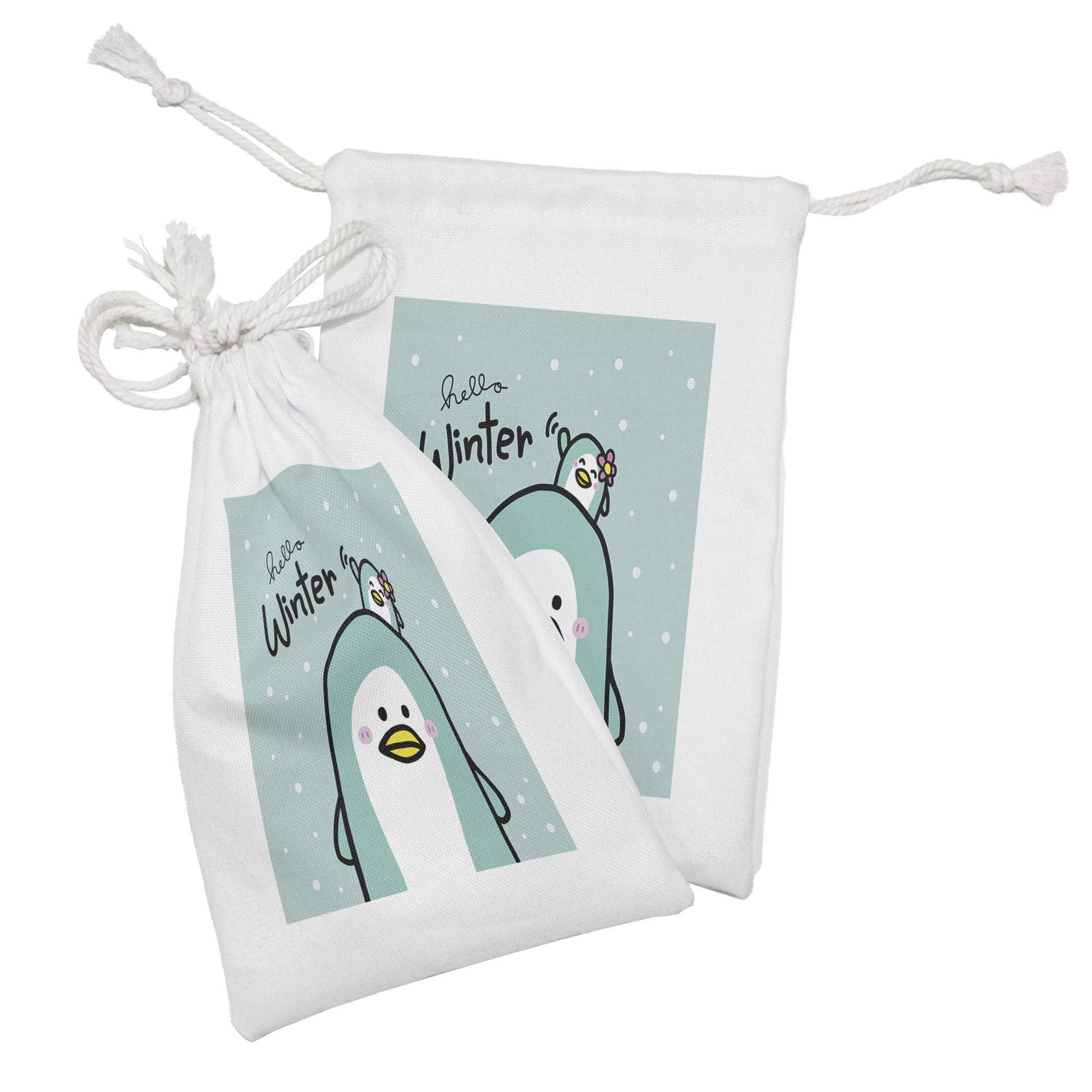 Ambesonne Winter Fabric Pouch Set of 2 - Pastel Lettering Mom & Penguins Snow Design - Small Drawstring Bags for Toiletries, Masks, Favors (9