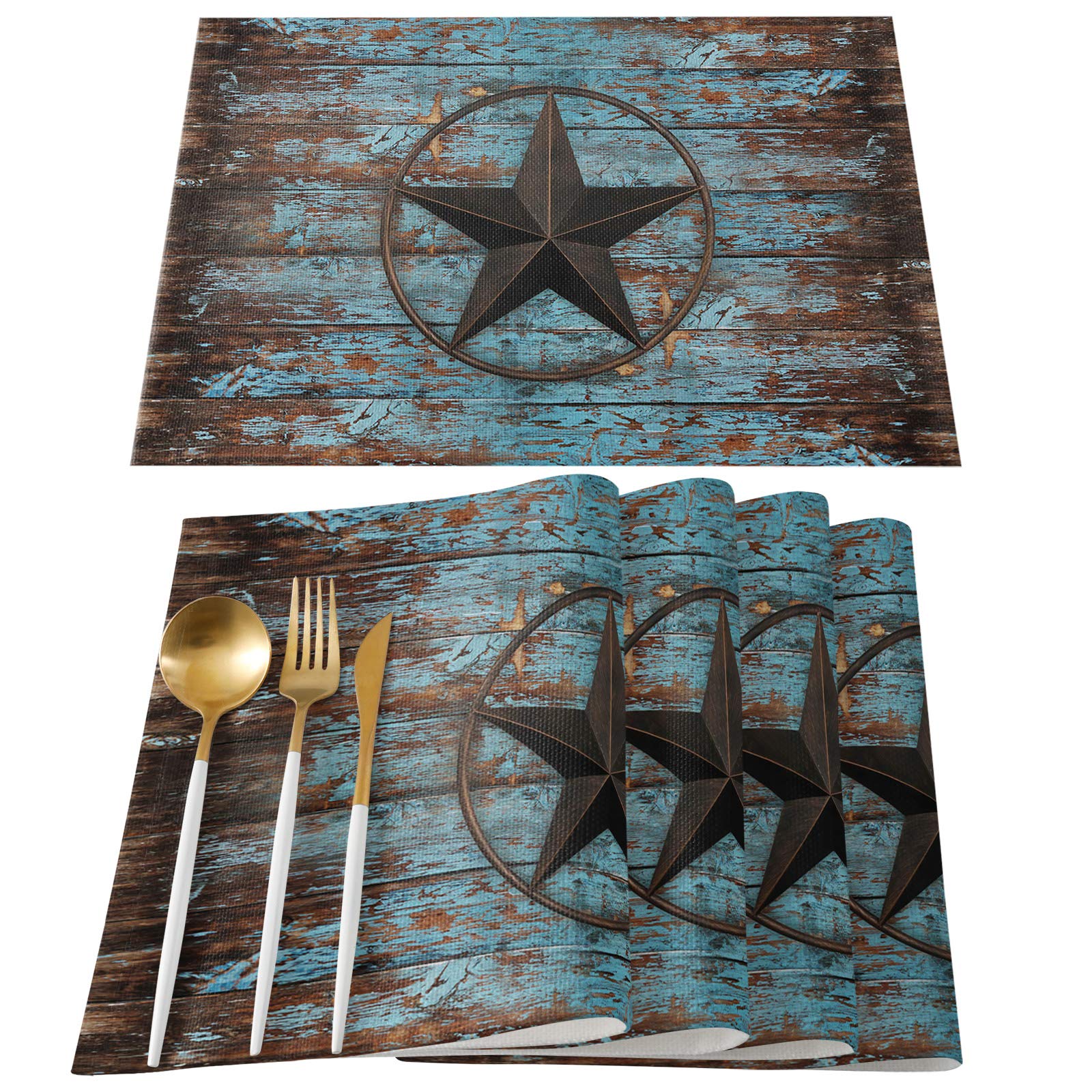 Texas Star Flag Round Table Placemats Set of 6 - Washable Non-Slip Heat Resistant Kitchen Dining Mats - Rustic Wooden Design for Home, Restaurants & Gifts - Perfect for Family Meals, Parties & Holiday Decor