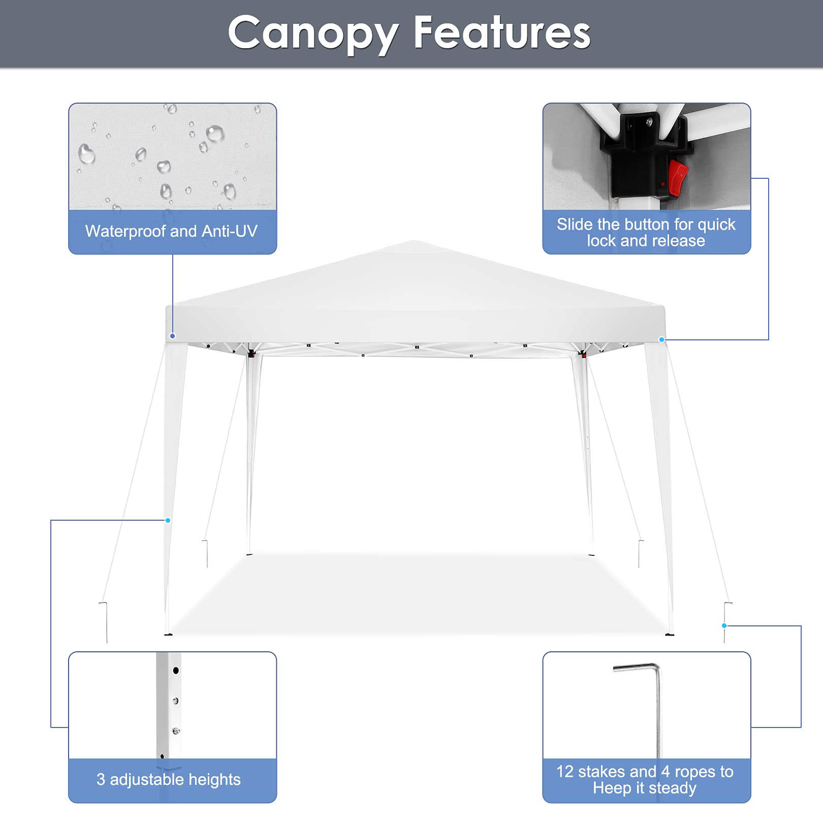 COBIZI 10x10 Pop Up Canopy Tent with 4 Sidewalls - Waterproof Instant Shelter for Outdoor Events, Camping, Parties & Backyard Gatherings - Portable White Gazebo for Commercial Use & Picnics