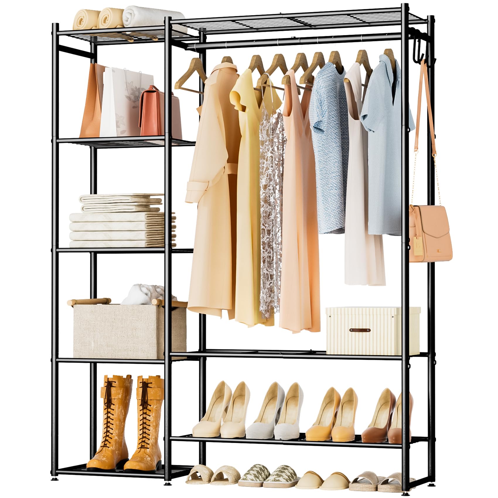 Portable Wardrobe Closet with 4-Tier Shelves - Free Standing Clothing Rack & Storage Organizer for Hanging Clothes - Perfect for Bedroom, Cloakroom, Dorm or Small Space Organization (Black)