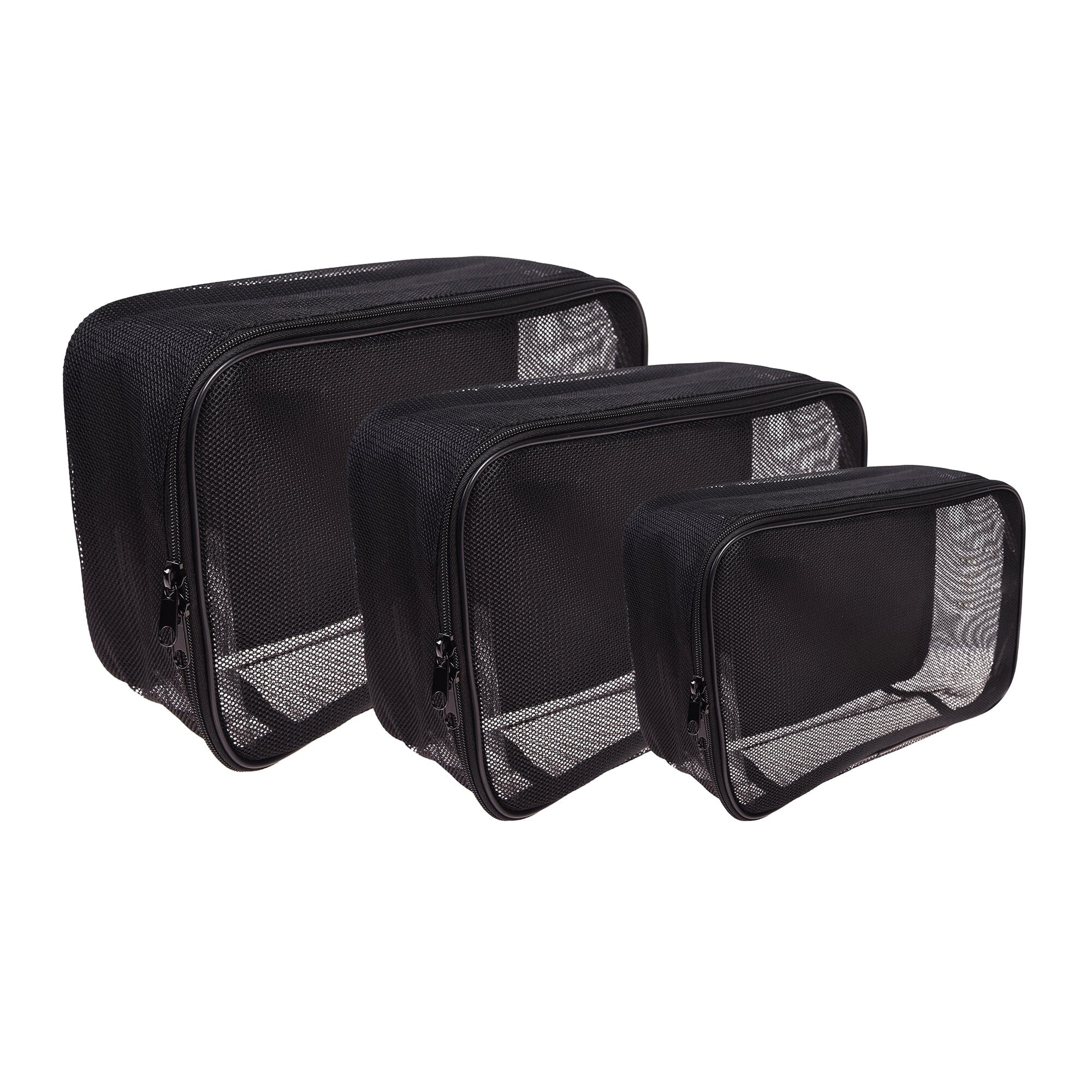 3-Piece Black Mesh Cosmetics Travel Bag Set - Assorted Sizes for Makeup & Toiletries | Perfect for Vacation, Gym & Air Travel