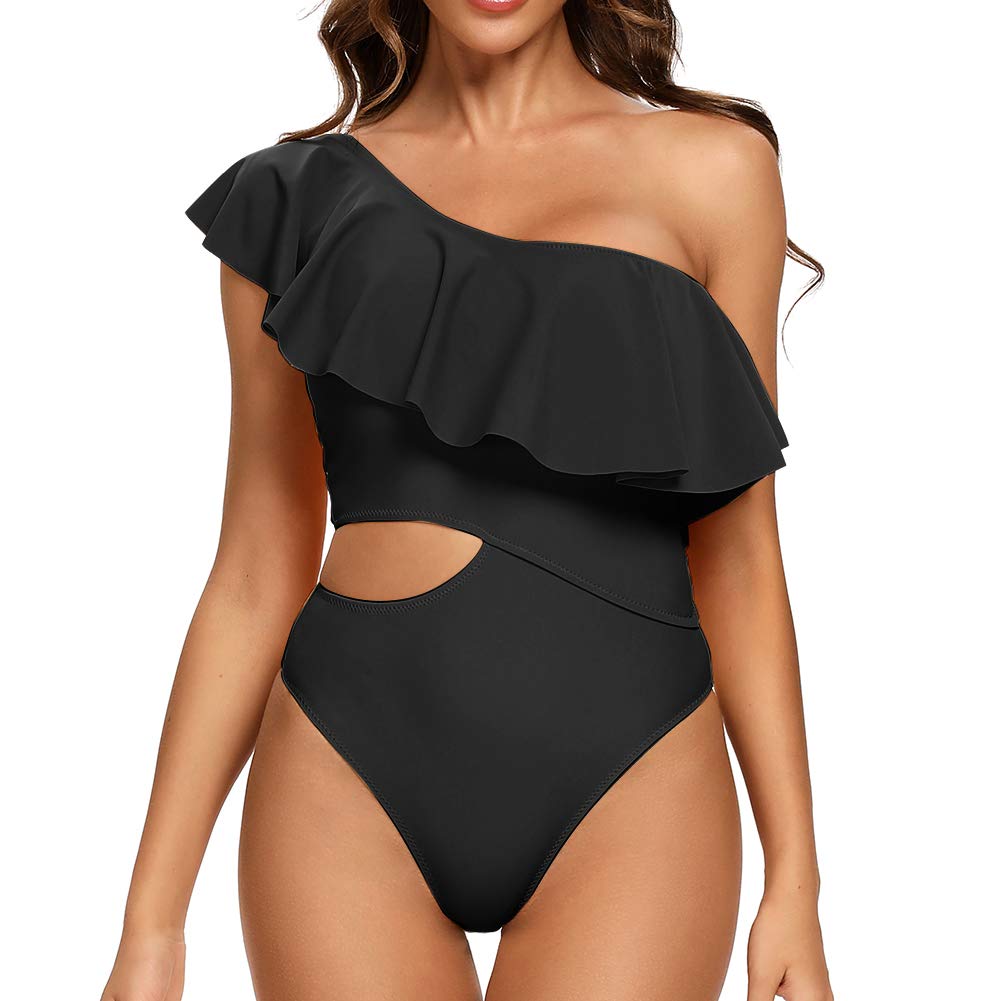 Dixperfect Women's One Shoulder Cutout Ruffled Monokini Swimsuit with Padded Cups - Sexy Bathing Suit for Beach, Pool Party & Summer Vacation
