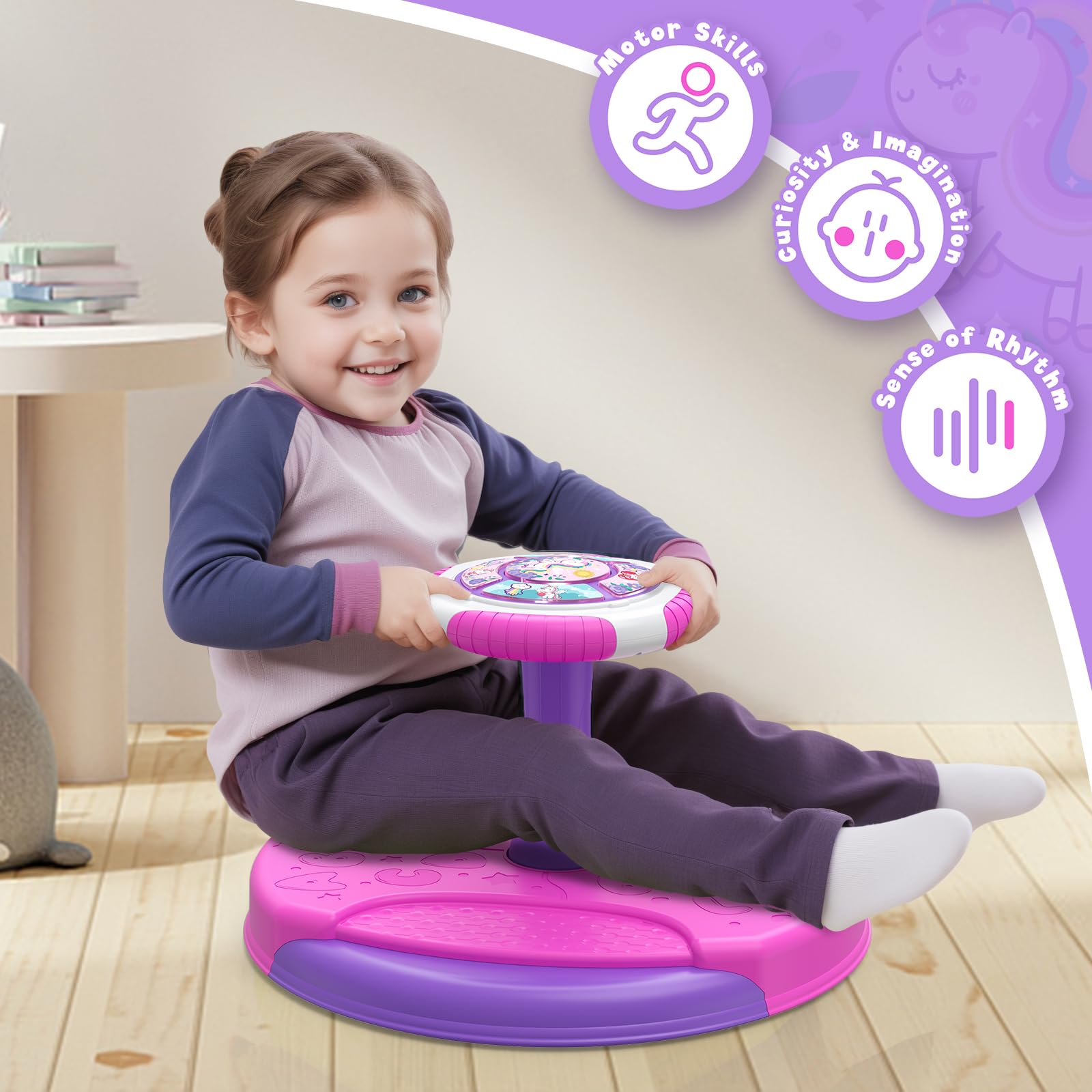 Unicorn Sit and Spin Toy for Toddlers 3-5 Years Old | 360° Spinning Seat with LED Lights & Music | Sensory Learning Toy for 3 4 5 Year Old Girls | Perfect Birthday Gift for Indoor Play & Preschool Development