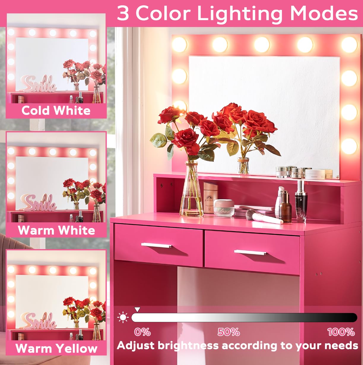 Vanity Desk with Mirror and Lights - Dressing Table with Large Drawer & 2-Tier Storage - 3 Adjustable Lighting Modes for Makeup & Skincare - Perfect for Bedroom, Dorm Room or Beauty Salon